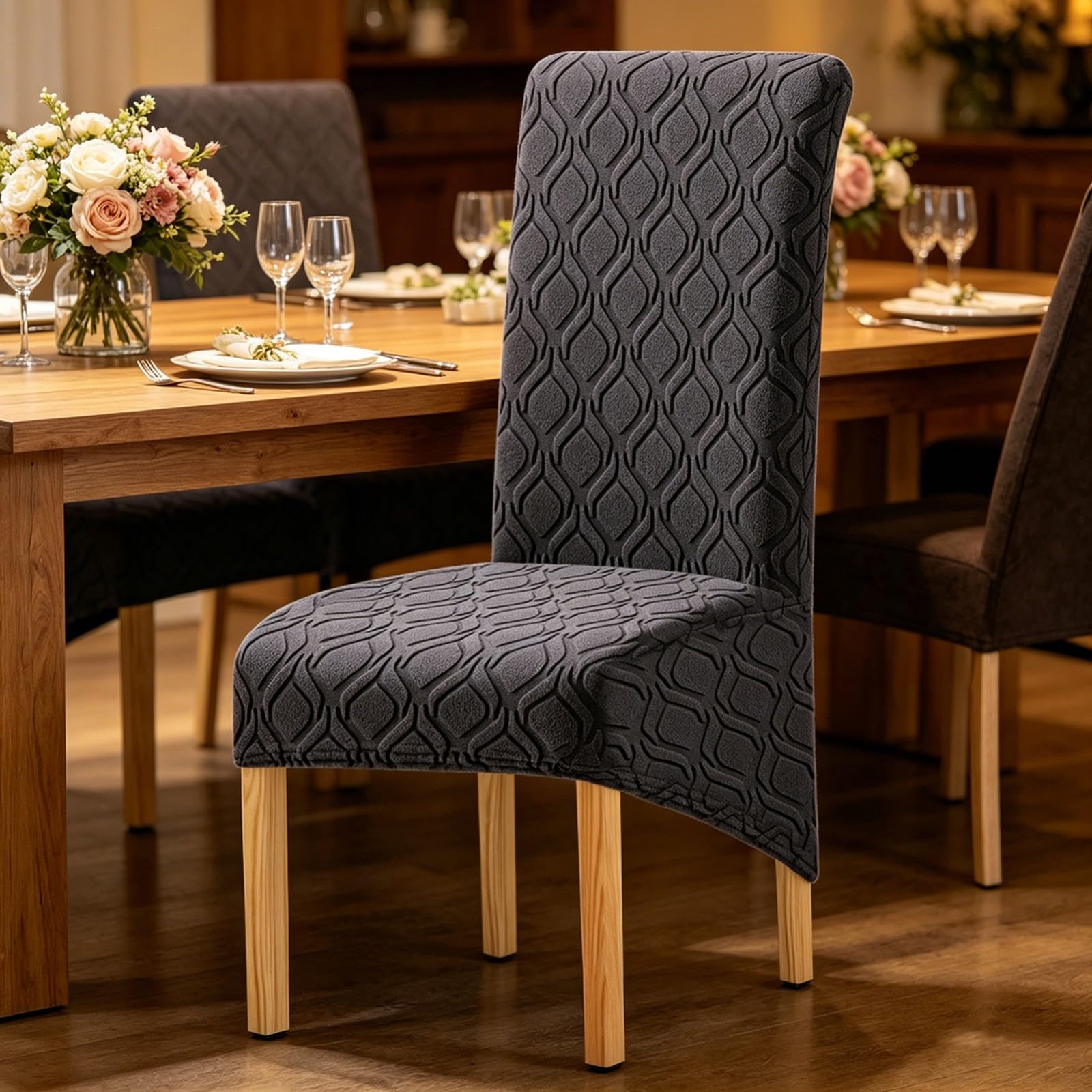Stuhlhussen für Esszimmerstühle 2/4/6er-Set,Dehnbar Abnehmbarer und Waschbarer Esszimmer Stuhlhussen mit Hoher Rückenlehne,für Küche und Wohnzimmer(Beige Yellow,4Pcs)