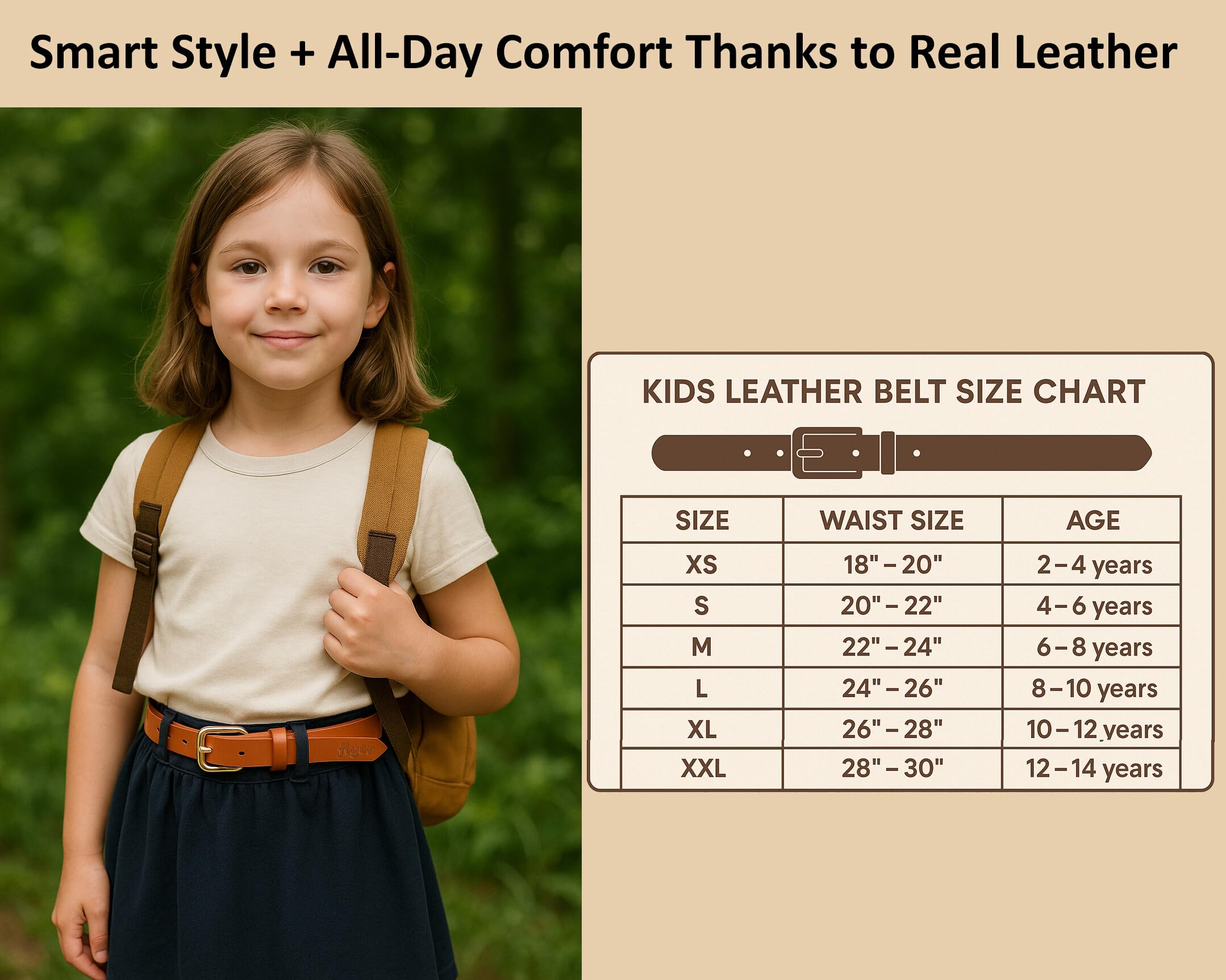 Flyer Girls Belt for 12–14 Year – Genuine Leather Adjustable Belt for 12, 12–13, 13, 13–14, 14 Year Old – Belt for Teens’ Jeans, Parties, School TAN1381 - Image 3 thumbnail