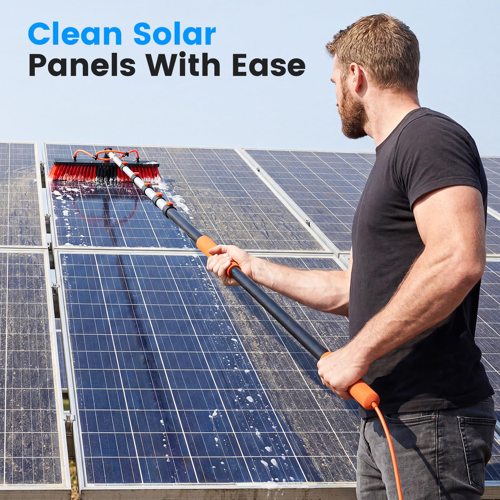 Teleskop Reinigungsset mit Wasserzufuhr, 4,8 m, 50 cm | Solarpanel Reiniger & Fensterreiniger, 180° drehbar, mit Seifenspender & Glasabzieher, Alu-Teleskopstange, 6,5 m Schlauch