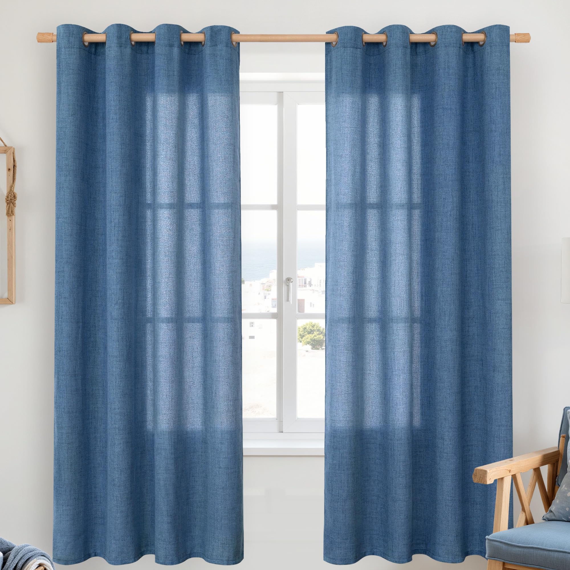 YoungsTex Navy Linen Curtains 72 Inch Length for Living Room, Light Filtering Semi Sheer Window Drapes with Bronze Grommet Privacy for Bedroom Farmhouse Decorative, 52 x 72 Inch, 2 Panels