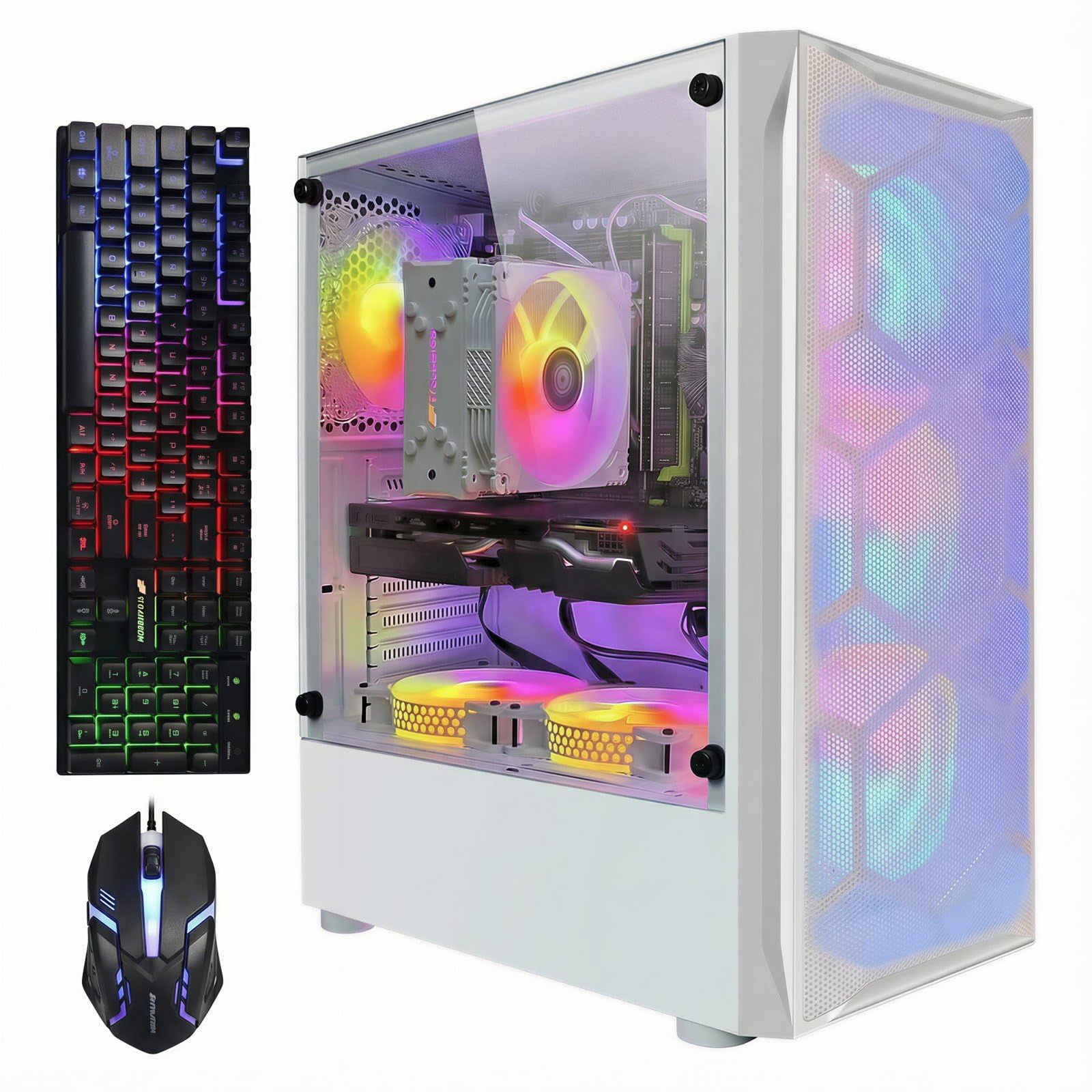 STGAubron Gaming PC Desktop Computer, Intel Xeon E5 2.5G up to 3.3GHz, Radeon RX 590 8G, 32GB RAM, 1TB SSD, WiFi, BT 5.0, RGB Fan x6, Windows 11 Home,White