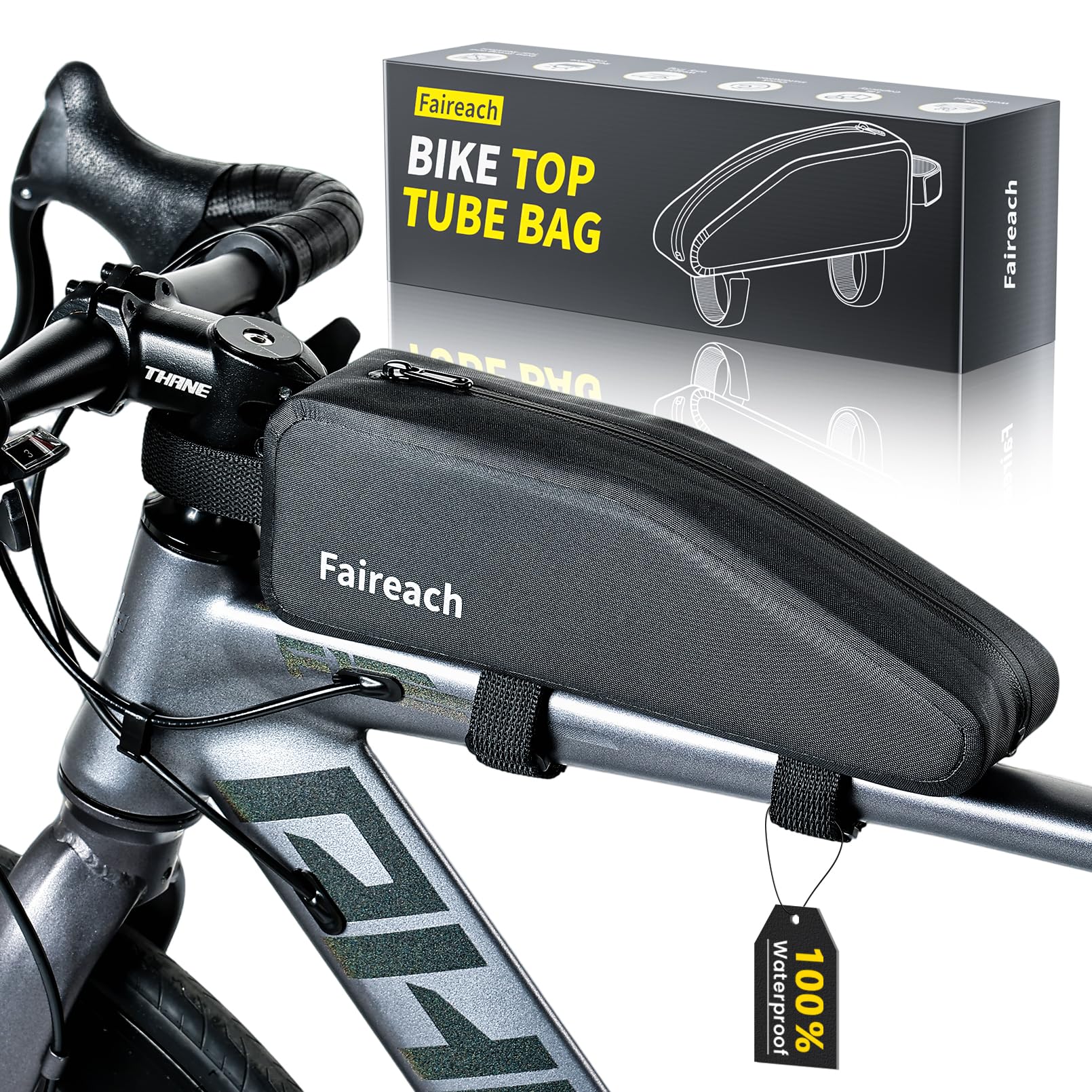Faireach 100% Waterproof Bike Frame Bag, 1.8L Large Capacity Bike Top Tube Bag with Dual Installation System, Lightweight & Durable TPU Cycling Storage Bag for Road, MTB & Bikepacking