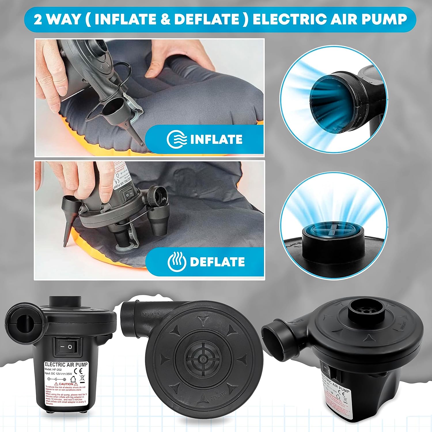 Roe Tenpo Electric Air Pump with 3 Nozzles/Inflate Or Deflate Swimming Ring, Airbeds, Paddling Pools & Other Toys / AC110-240V/ DC12V/50W (Black-Air-Pump) — image 6