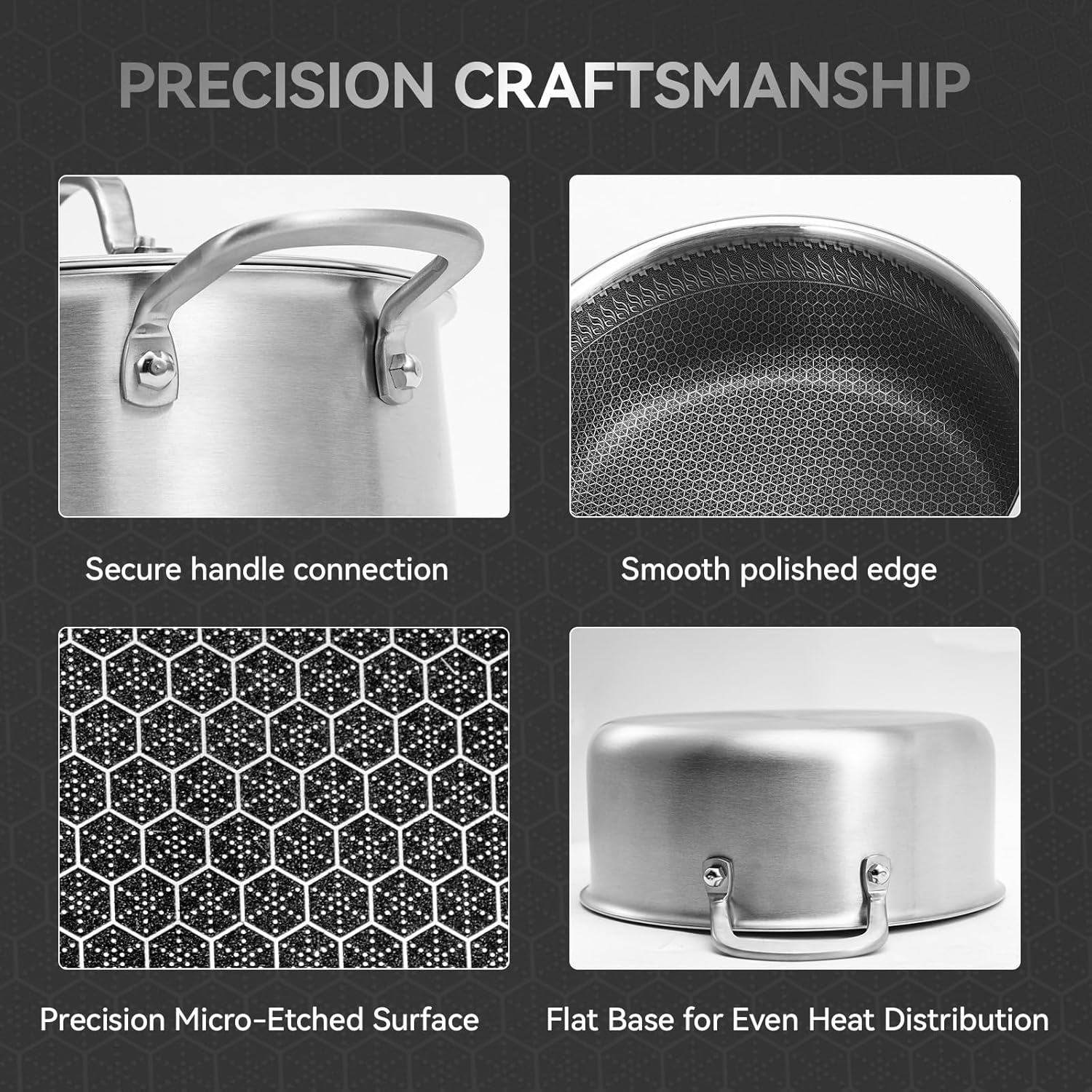 4.6 Qt Stainless Steel Stock Pot with Glass Lid, 9.4 in 3-Ply 18/10 Induction Cooking Pot, Honeycomb Physical Nonstick Soup Pot for Pasta & Stews, PFOA-Free