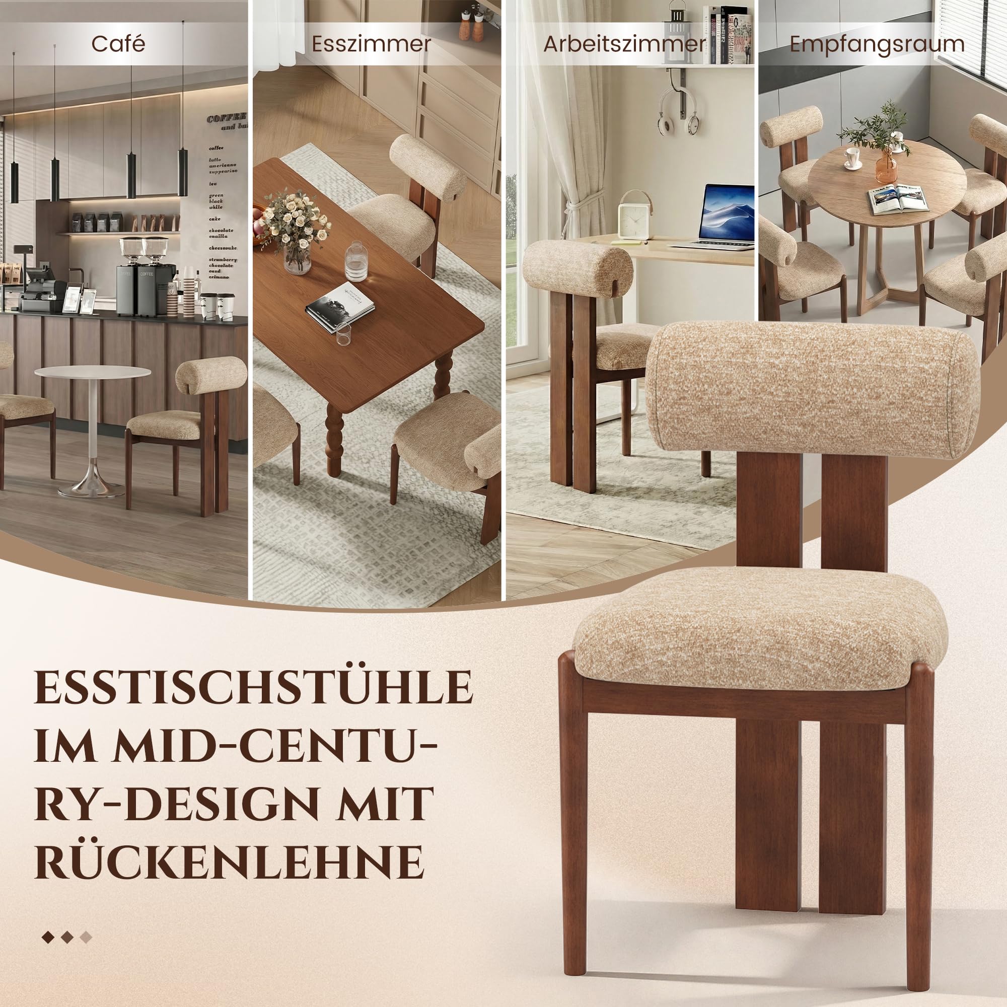 MALOL Esszimmerstühle 2er Set, Polsterstuhl Essstühle mit Holzbein, Modern Stoff Esstisch Stühle mit Fester Rückenlehne für Esszimmer, Küche, Restaurant, Mit dunkelbraunen Beinen, Kamel