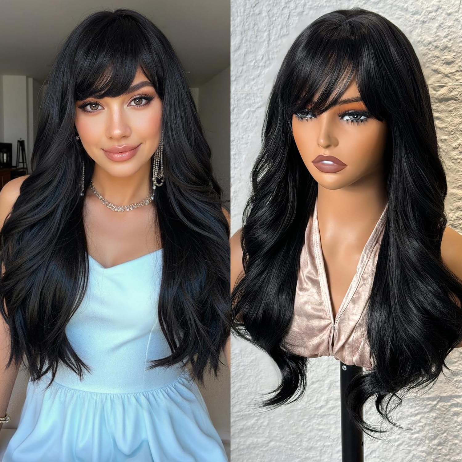 topshe Long Black Wavy Wig With Bangs for Women 24 Inch Curly Wavy Wig With Bangs Natural Looking Synthetic Heat Resistant Fiber Wig for Daily Party & Cosplay Use topshe Long Black Wavy Wig With Bangs for Women 24 Inch Curly Wavy Wig With Bangs Natural Looking Synthetic Heat Resistant Fiber Wig for Daily Party & Cosplay Use