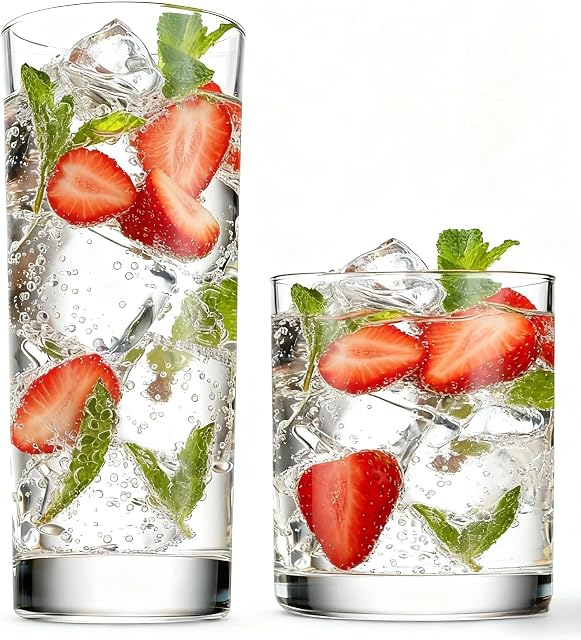 Everyday Drinking Glasses Set of 8, Water Cups, Drinkware Hurricane Glasses, Tumbler,, Kitchen Glasses for Cocktail, Iced Coffee, Beer, Tea, Wine, Whiskey, 4 Tall Glass Cups & 4 Short Dof Drinking