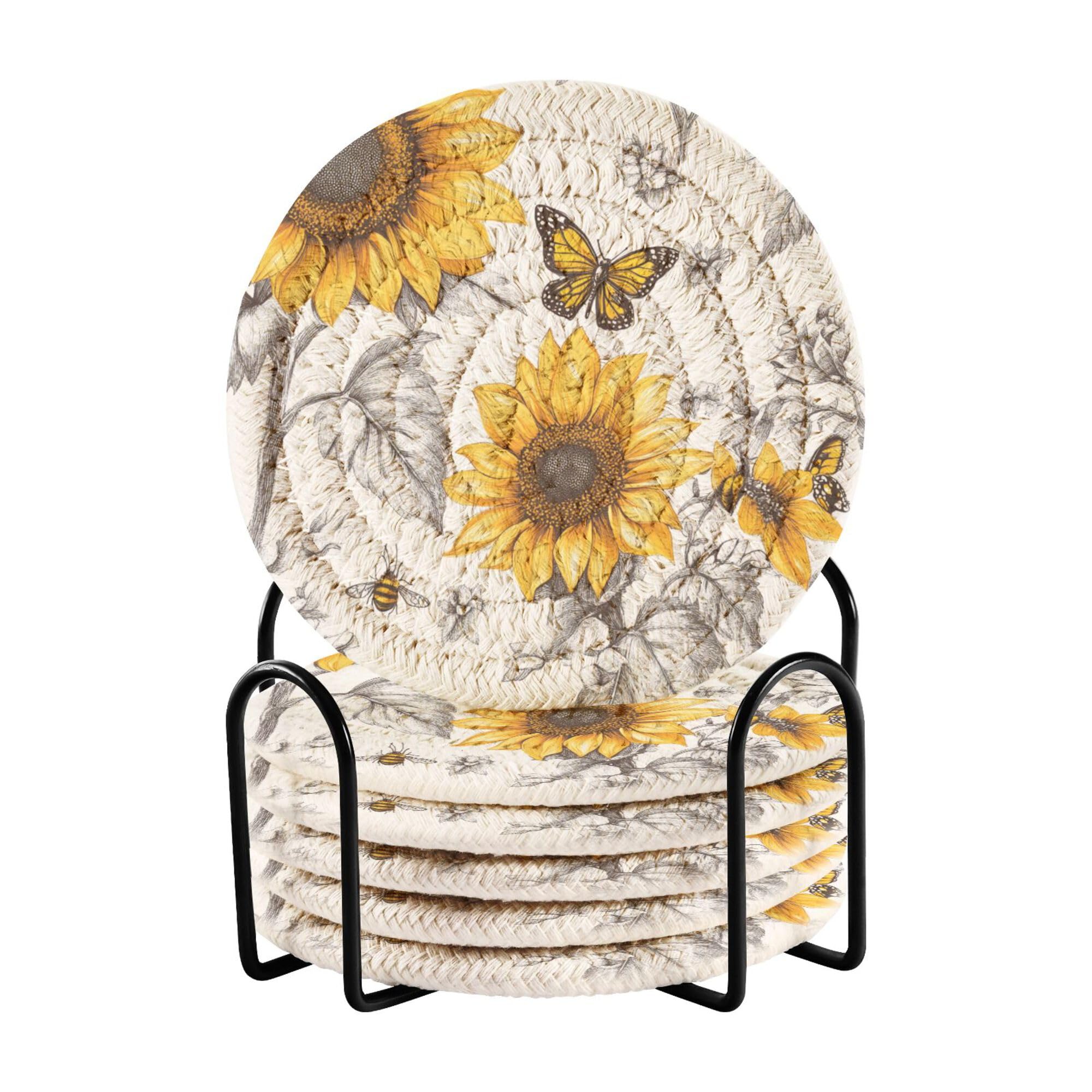 Chic Sunflower White Cotton Rope Coasters Set with Holder 6 Pack Coasters