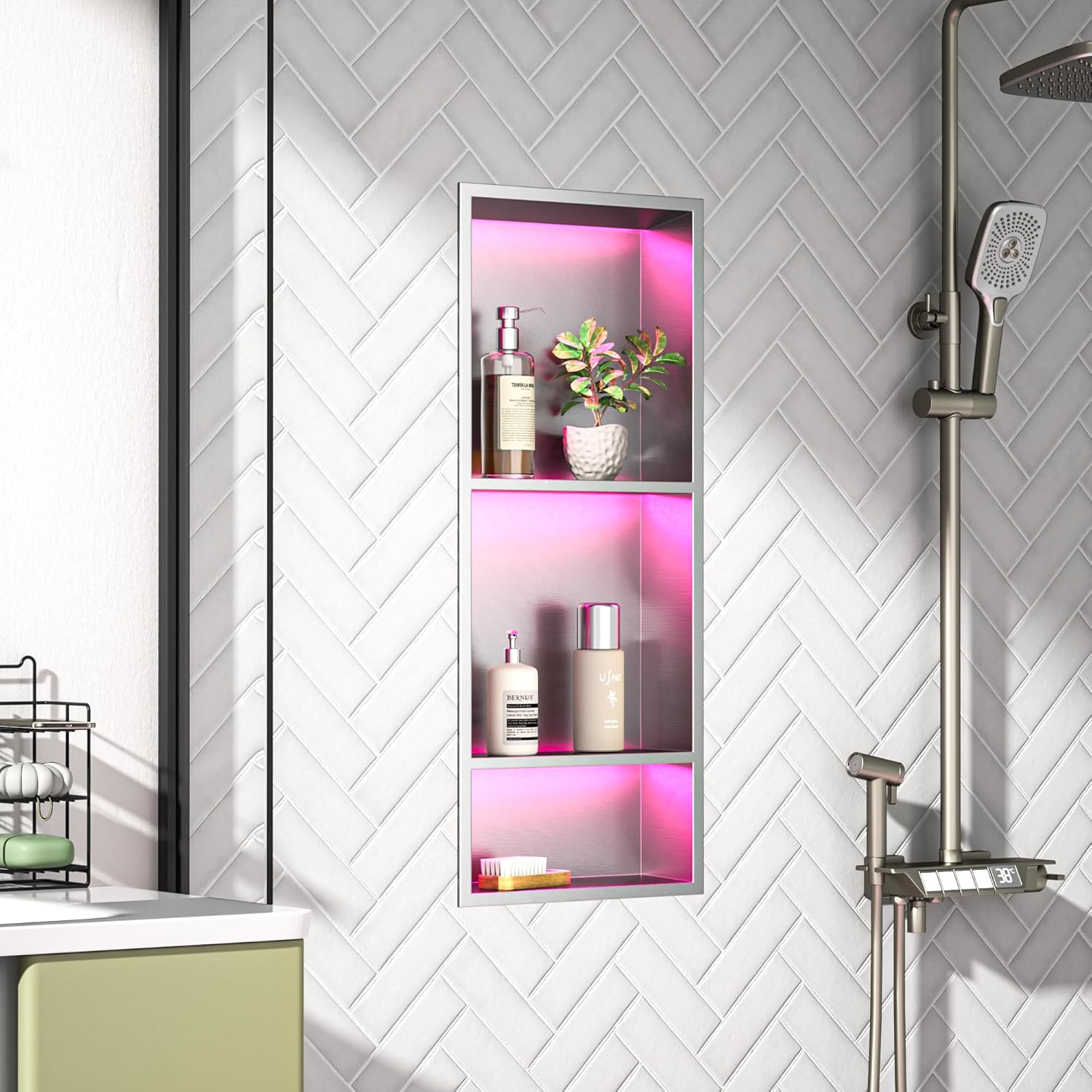 Led Shower Niche with RGB Light 30" X 12" Brushed Nickel 304 Stainless Steel Shower Niche with 3-Tiers Shelves Waterproof No Tile Needed Recessed Niches Shower for Bathroom Storage