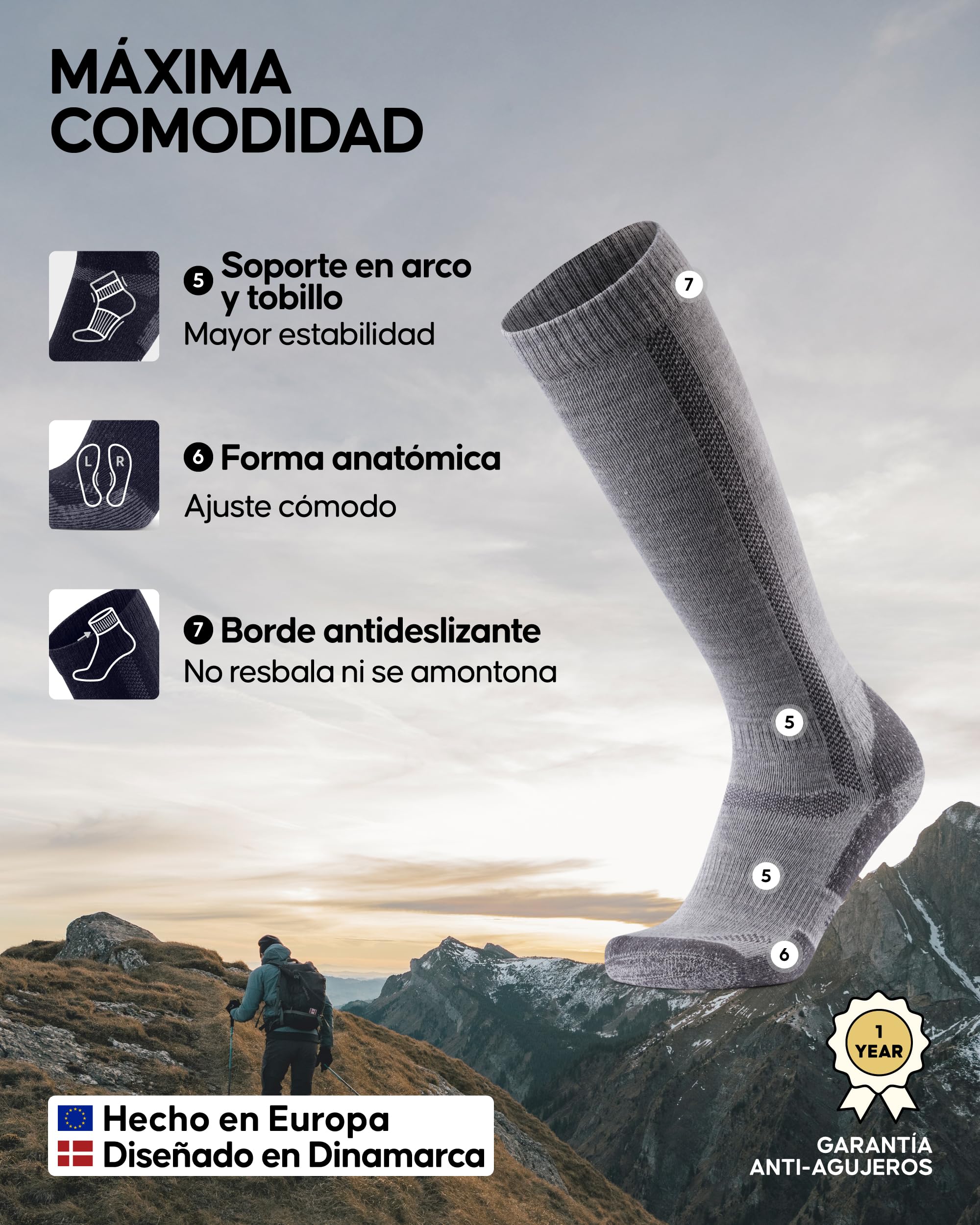 DANISH ENDURANCE Calcetines de Lana Merino Hasta la Rodilla Unisex Antiampollas Senderismo 1 Pack