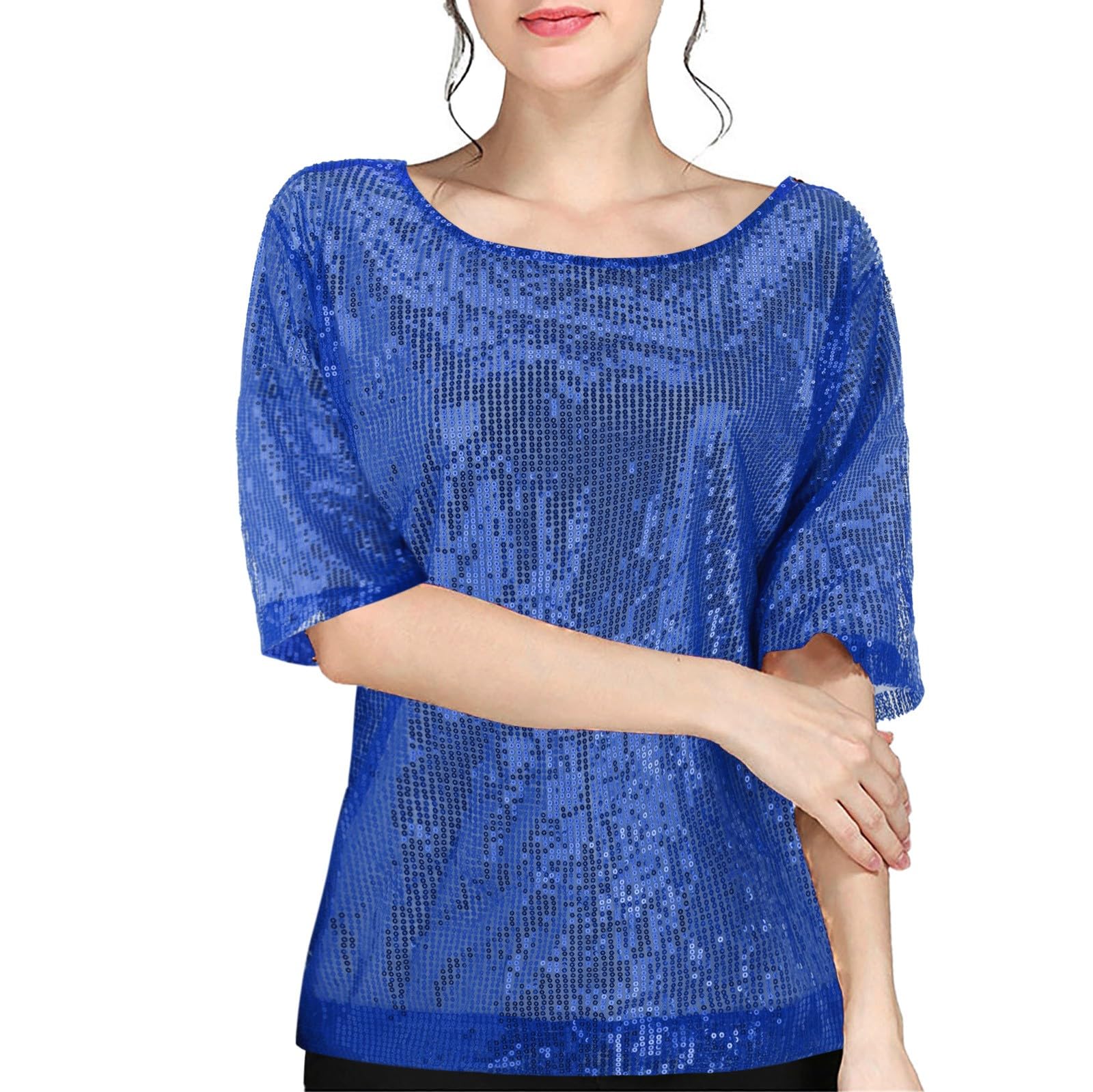 Dames glitter shirts, V-hals T-shirts, lange mouw, pailletten blouses, losse tuniek, lente, zomer, effen kleur, zachte blouse, lichtgewicht tops, loungewear, Rood, XXL