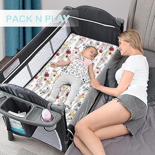 Miniatura 4 de bimocosy Juego de 4 sábanas para cuna, paquete y juego de sábanas para bebé, niña y niño, tamaño 38 x 26 pulgadas, para colchón de corral, mini cuna