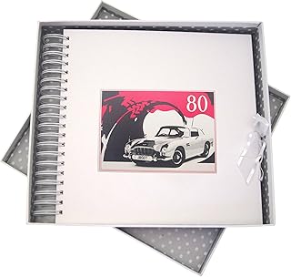 WHITE COTTON CARDS 80th cumpleaños, Tarjeta de Memoria y Libro, Coche clásico, Color Blanco