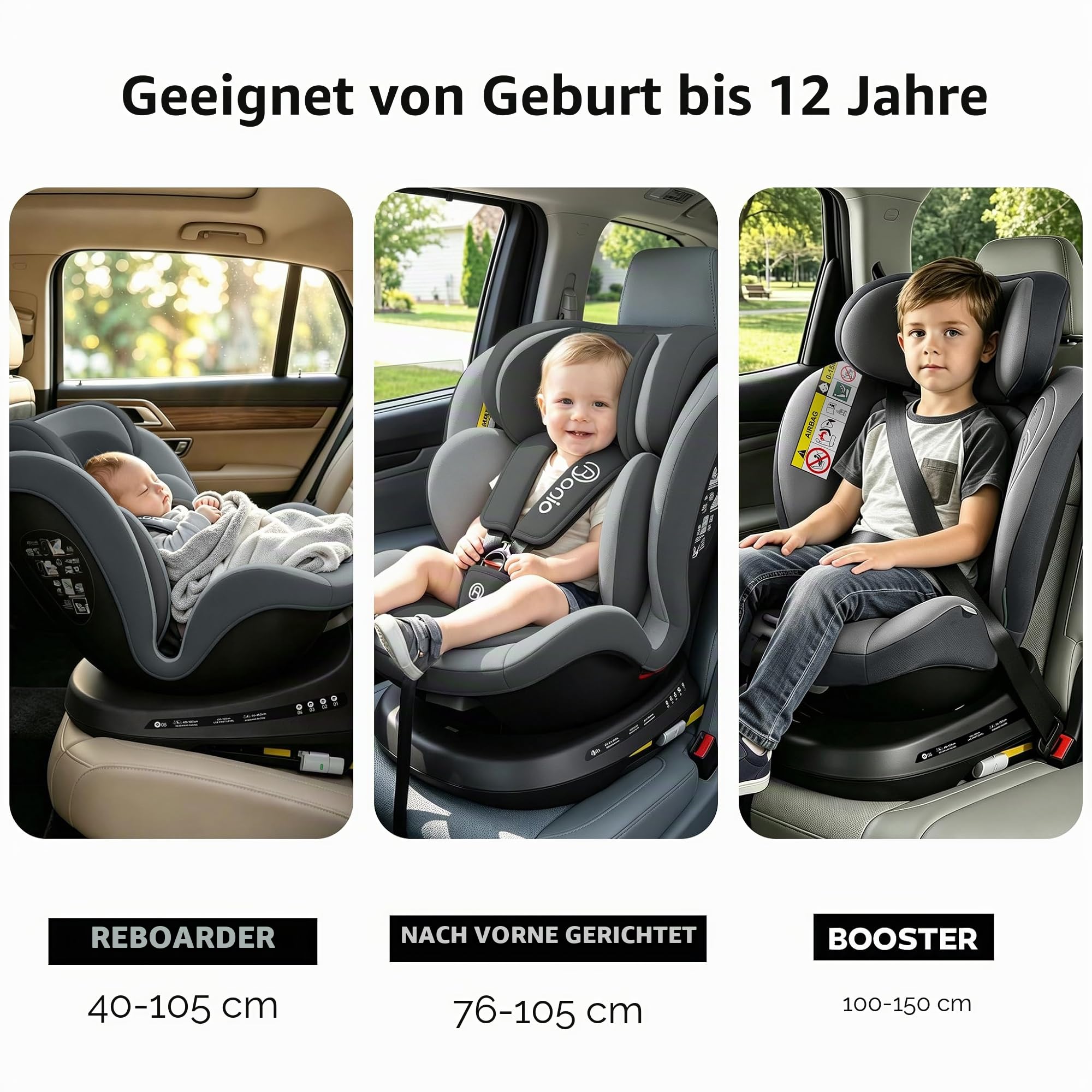 Bonio Kindersitz I-SIZE 40-150 cm 360 grad drehbar mit Isofix (Grau) | bis 105 cm Reboarder ab Geburt 0-12 Jahre, 0-36kg, 5 Sitz- und Ruhepositionen Praktisch