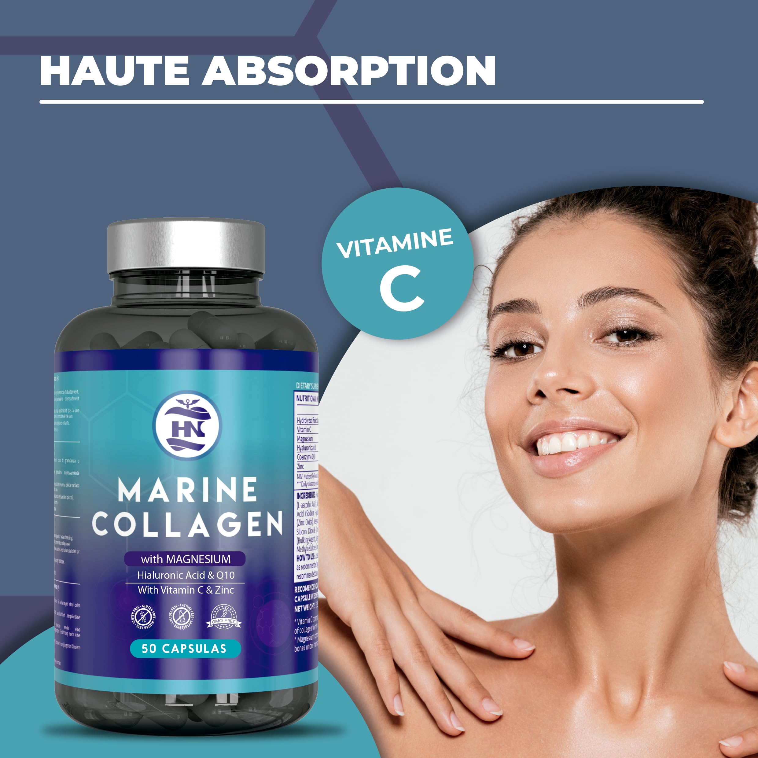 Collagène Marin Hydrolysé Pur avec Acide Hyaluronique, Vitamine C, Coenzyme Q10 et Zinc, Marine Collagen, Collagène Marin avec Acide Hyaluronique (50 gélules x 5 pots)
