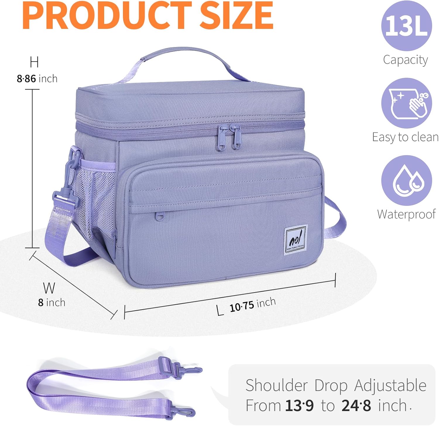 NOL Natural Organic Lifestyle Fully-Insulated Lunch Bags for Women & Men, Lightweight Nylon Cooler Bag for Adult Meal with Adjustable Shoulder Strap Waterproof Lunch Box For Work (Light purple)