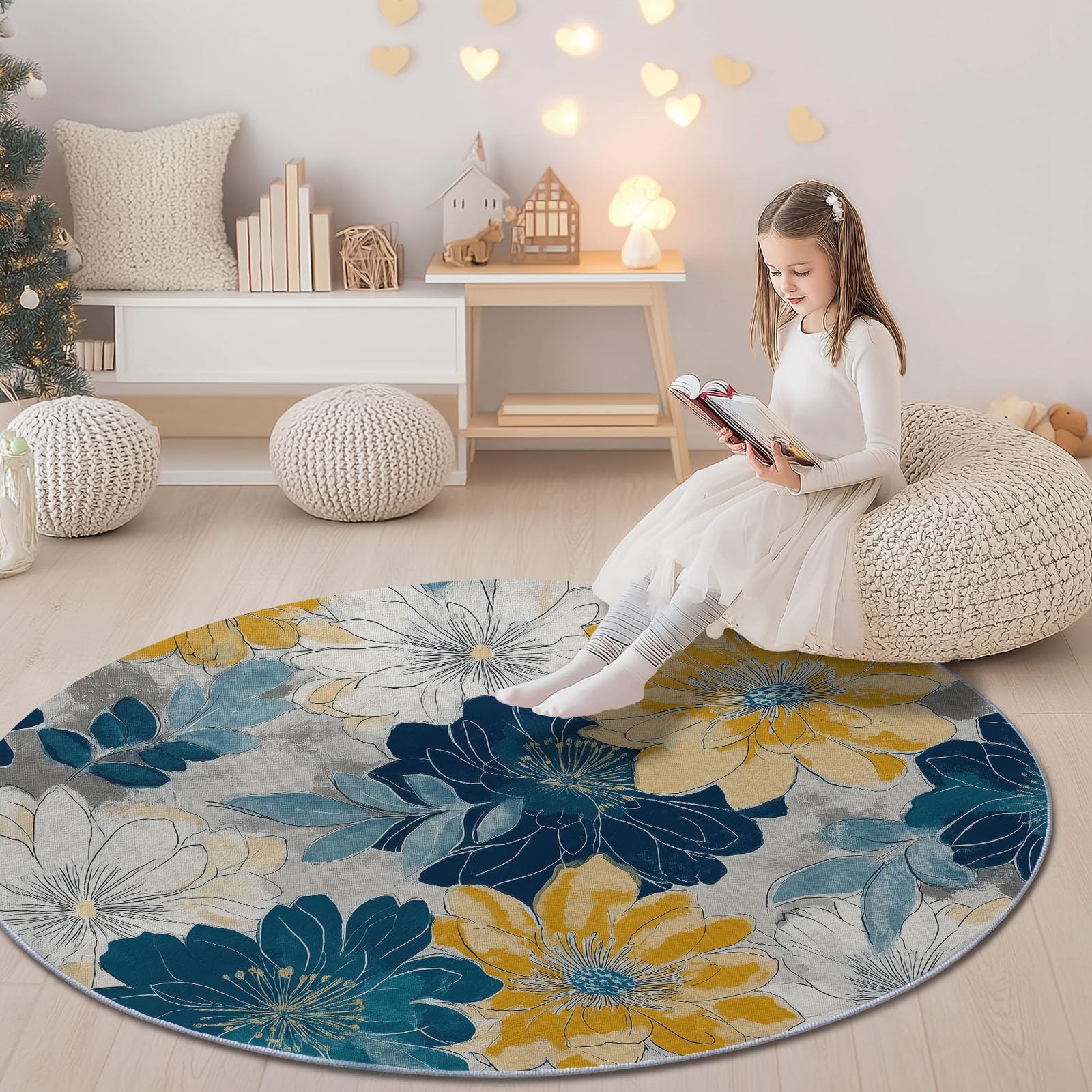 Teppich Rund 150 cm Elegant Retro Blumen, rutschfest Teppiche Wohnzimmer Runder - Waschbar Rund Teppiche Kurzflor Weich Runder Teppich Senfgelb Blau for Schlafzimmer Studie