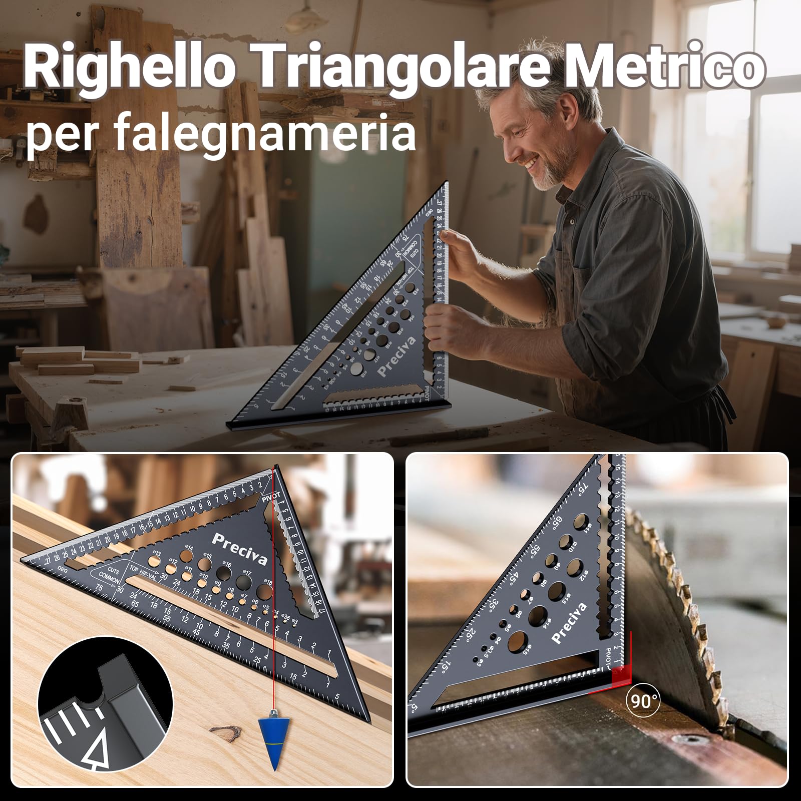 Squadra da Falegname 5 in 1, Squadra Combinata per Legno con 7‘’ e 12‘’, Righello Angolare Multiuso in Alluminio con Funzione di Foratura, con Matita Carpentiere e Ricariche Mine