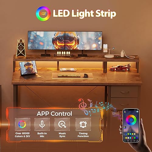 Miniatura 8 de Escritorio de computadora Mericonia de 55 pulgadas con tomas de corriente y luces LED, escritorio para juegos con 3 cajones para oficina en casa,