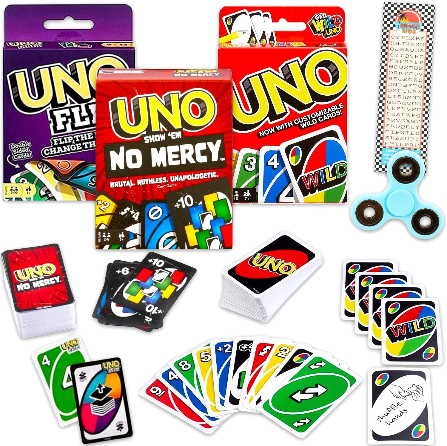 UNO Expansion Decks Set - 3 Pc Bundle with All Wild, Flip, and No Mercy UNO Decks for Kids Plus Bookmark, More | Card Games for Kids, Family Game Night
