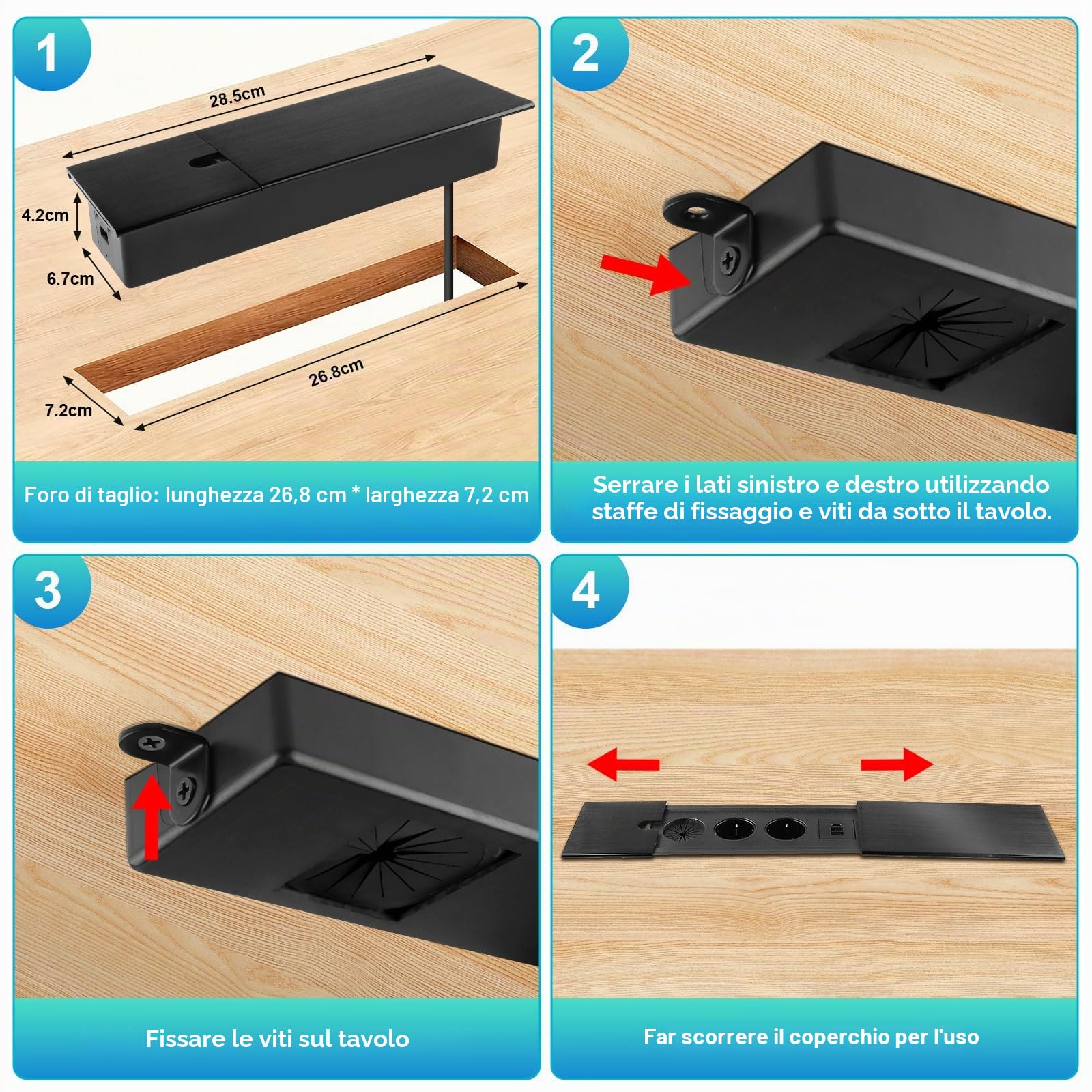Ciabatta elettrica da incasso a scomparsa, 2 scomparti con USB C | e coperchio scorrevole, presa da tavolo, presa a scomparsa, per scrivania, cucina, ufficio, tavolo da conferenza