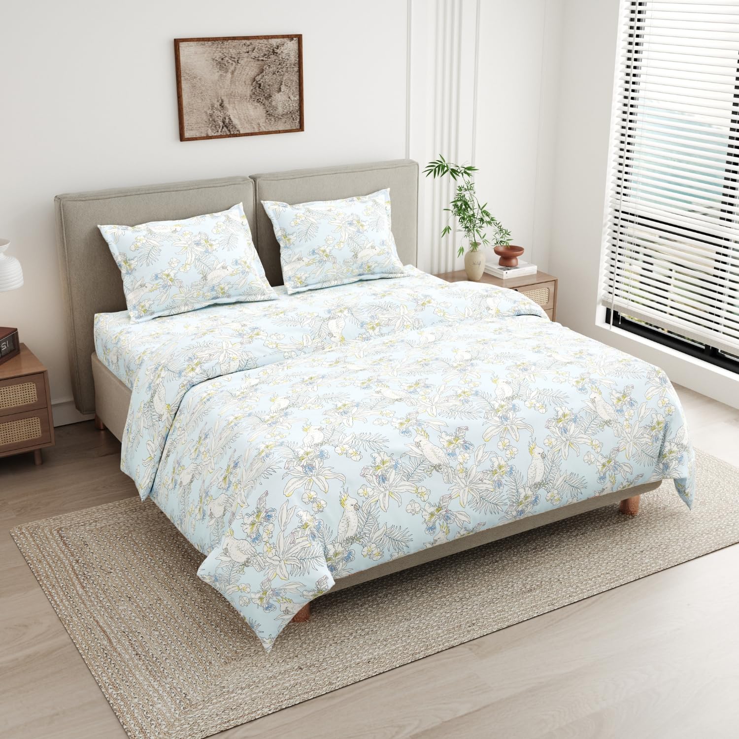 haus & kinder King Size Bedsheet for Double Bed with 2 Pillow Covers 108 x 108 Inches | 144 TC Cotton Bedsheet for King Size Bed - Tropical Bird