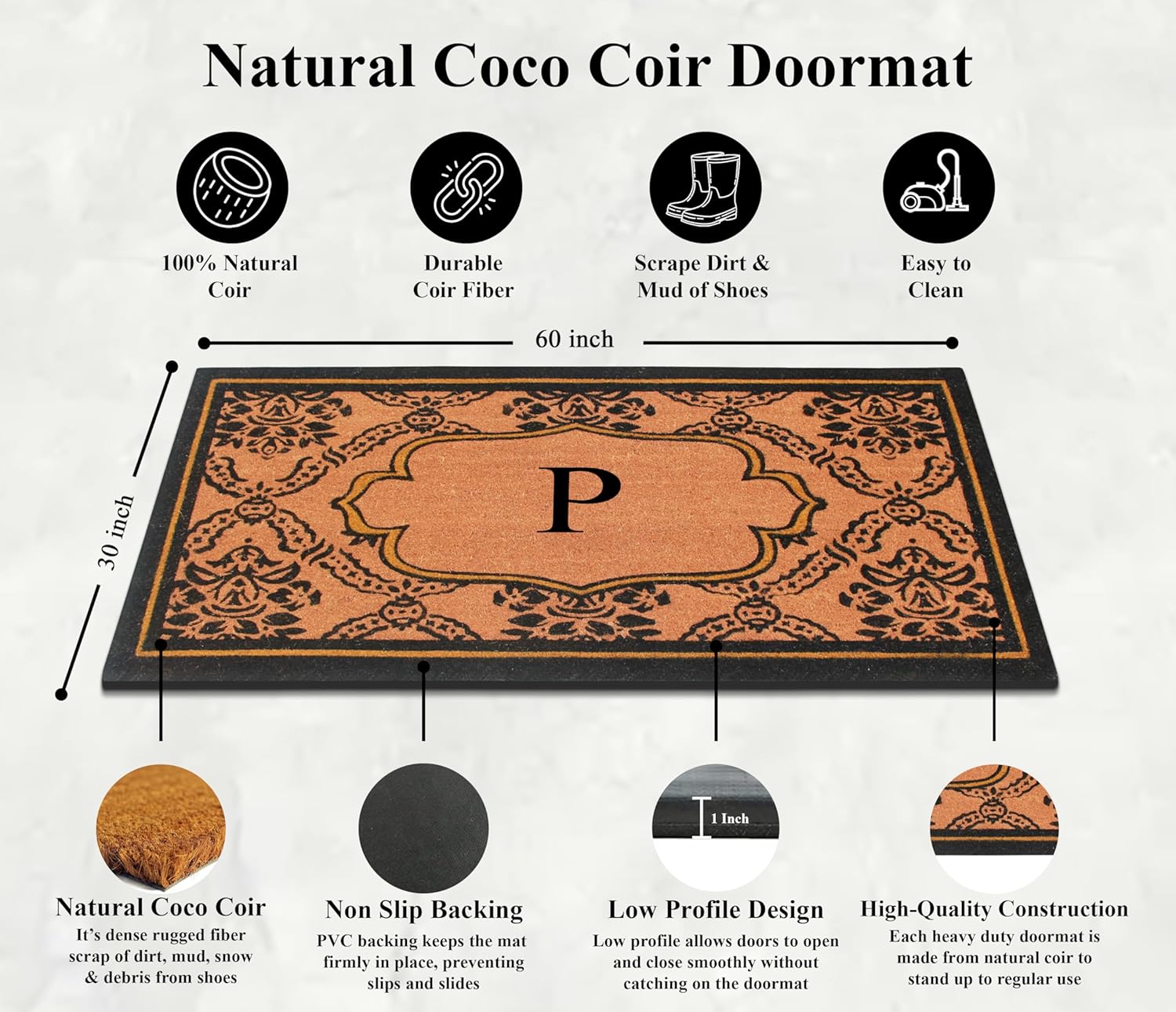 A1HC Natural Coir Monogrammed Doormat Anti-Shed Treated Durable Front Door Mat for Outside Entrance, Heavy Duty, Thin Profile, Easy to Clean, Long Lasting, Entrymat, 30" x 60" - P