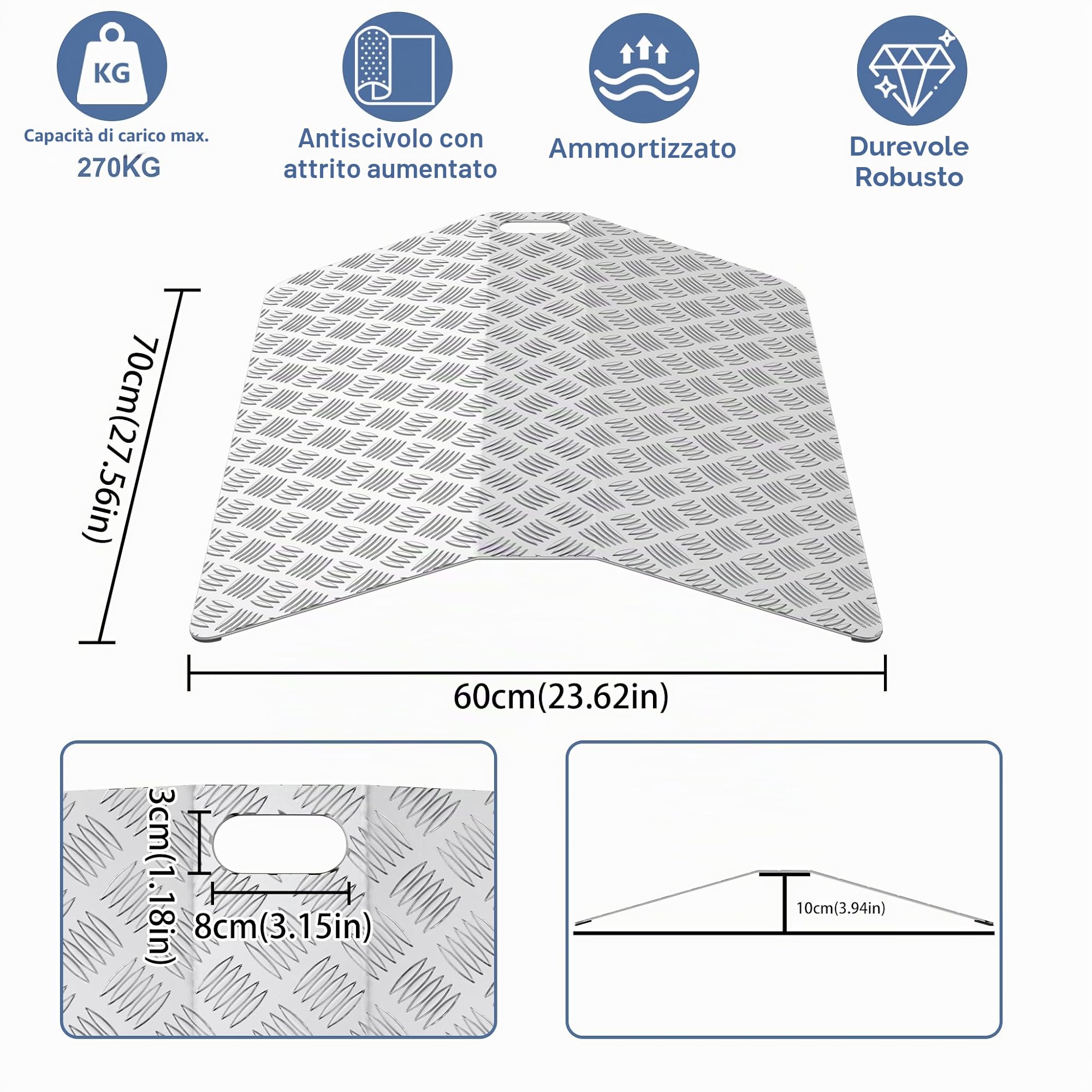 YRHome Rampa per soglia da porta, 60 cm, altezza 10 cm, larghezza 70 cm, per sedia a rotelle, ponte di soglia, antiscivolo, portatile, con maniglie per interni ed esterni