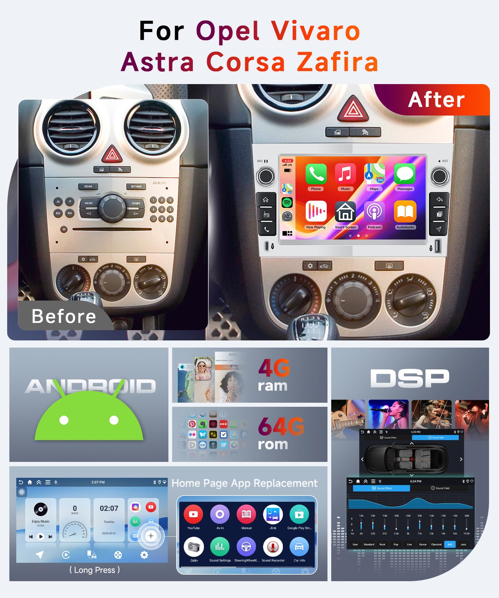【4+64G】 Hodozzy Carplay Autoradio für Opel Astra Corsa Meriva Zafira mit USB Typ-C Android Autoradio 7 Zoll In-Cell Bildschirm mit Android Auto/WiFi/GPS/RDS/FM/Bluetooth, Silber