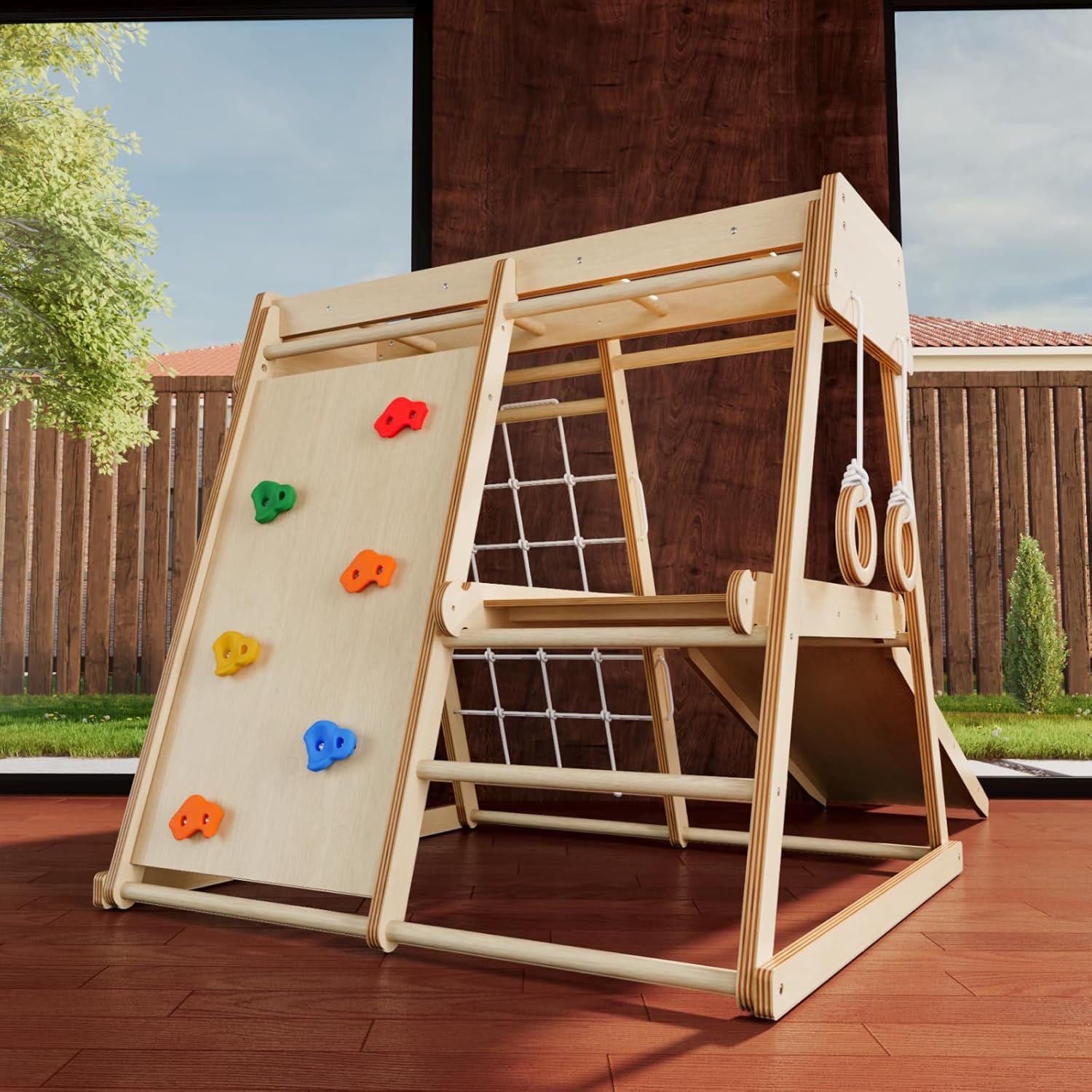Indoor Jungle Gym for Toddlers Ages 1-4, Wooden Montessori Climber Playset w/Slide, Climbing Net, Monkey Bars, Rope Ladder- Indoor Playground Birthday Gift