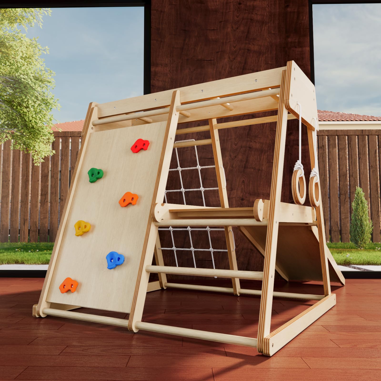 Indoor Jungle Gym for Toddlers Ages 1-4, Wooden Montessori Climber Playset w/Slide, Climbing Net, Monkey Bars, Rope Ladder- Indoor Playground Birthday