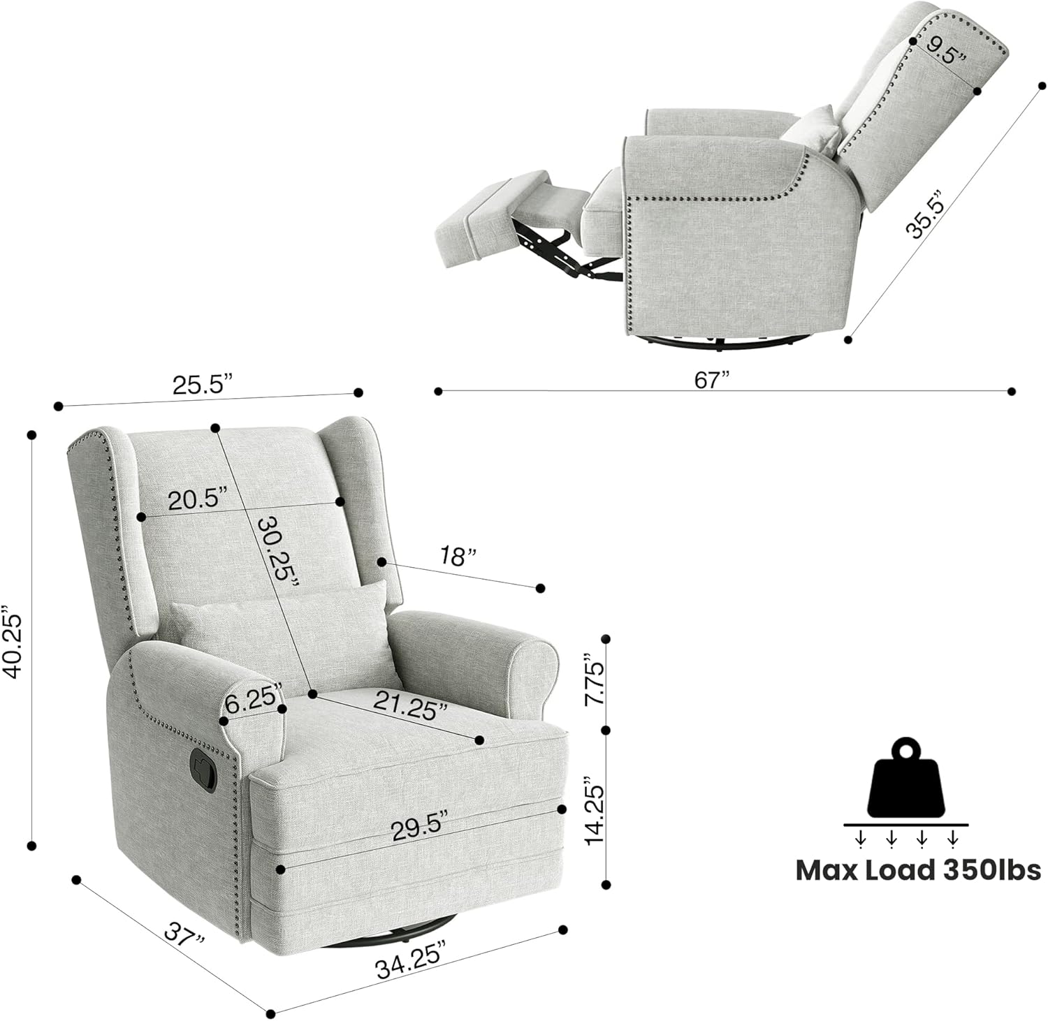 RoyalCraft Swivel Recliner Chair with Extra Large Footrest, Comfy Upholstered Glider Rocking Chair for Living Room, Bedroom and Office, Off White