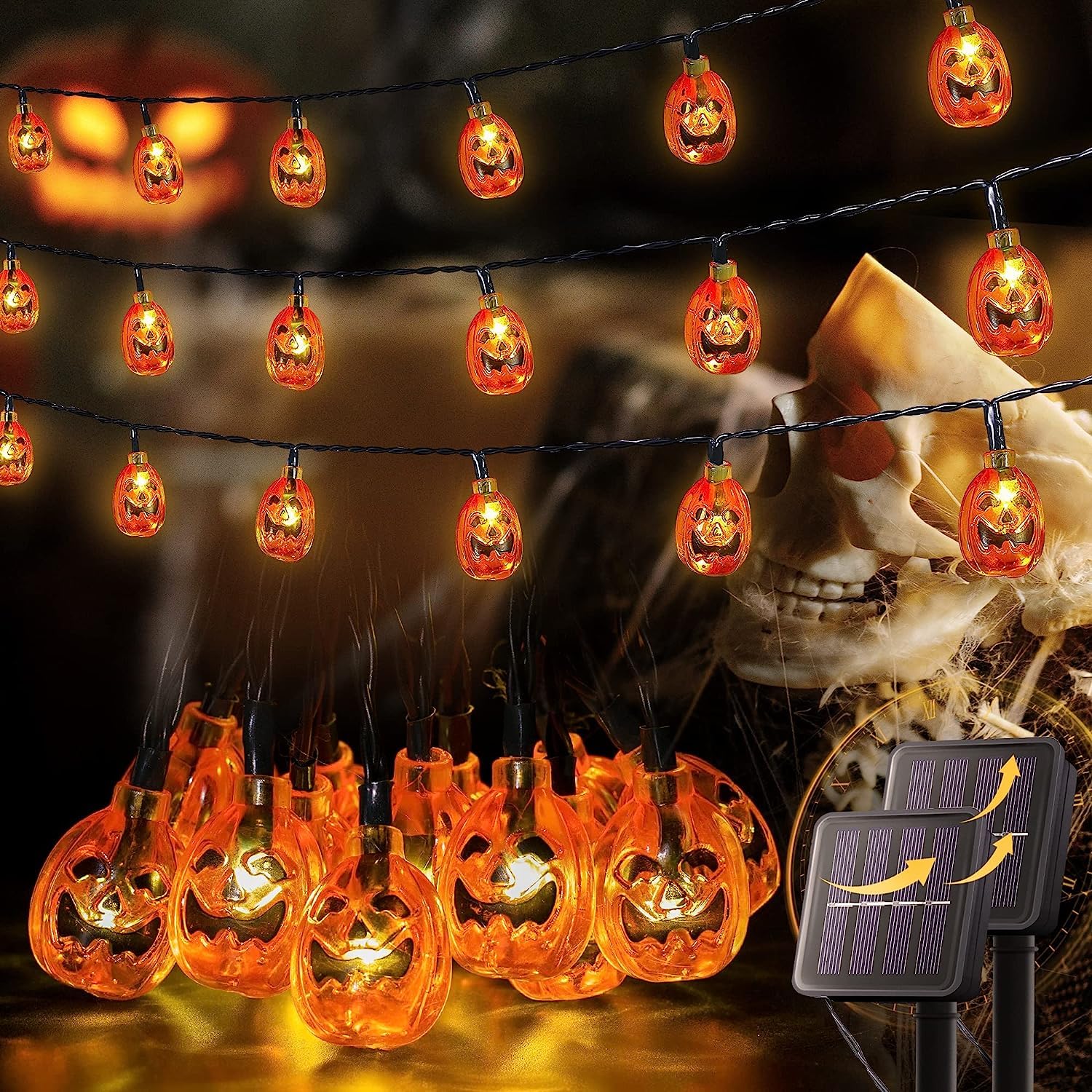 BOBBYQ Halloween Lights.6m 30LED Halloween Pumpkin Light String 8 Modes with Solar Panel Operated Decoration for Halloween Party Lighting,Backyard, Fence, Party, Porch, Tree Outdoor