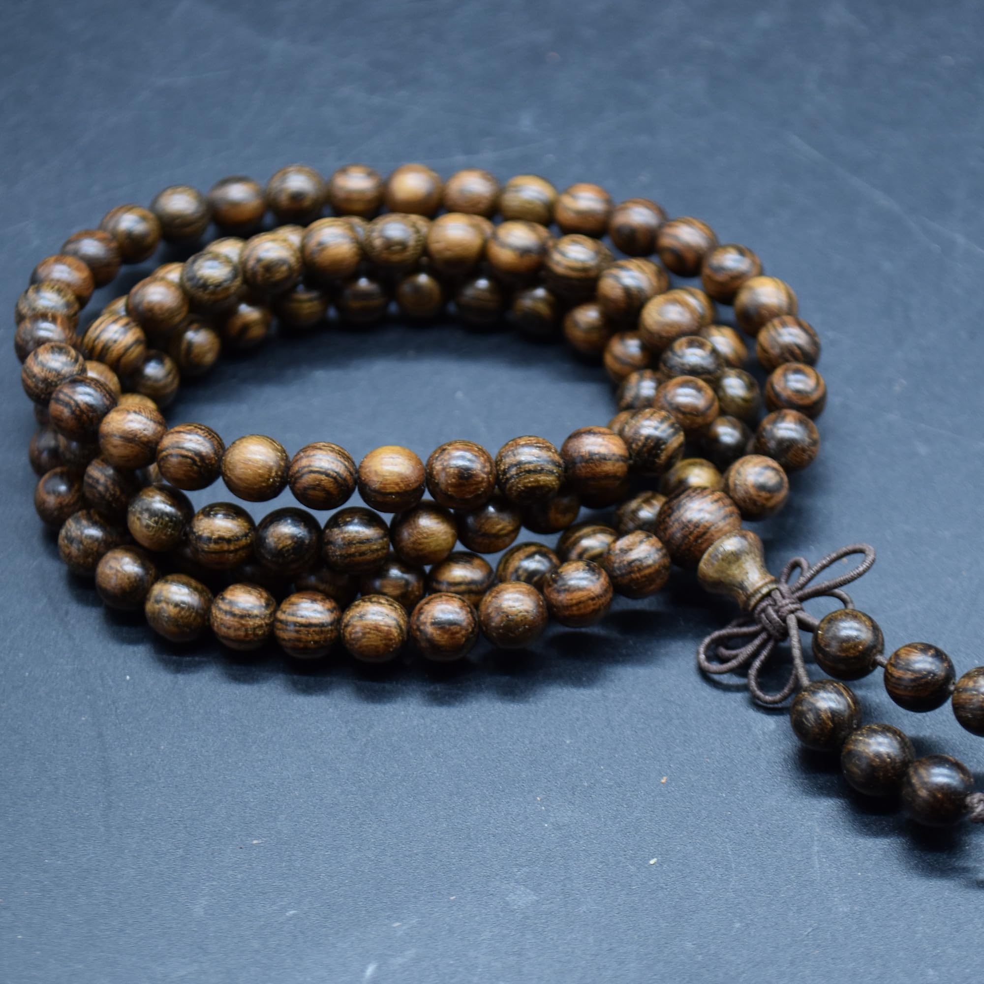 Natural Tiger Skin Sandalwood Round Wood Mala - 108 Beads - 6mm