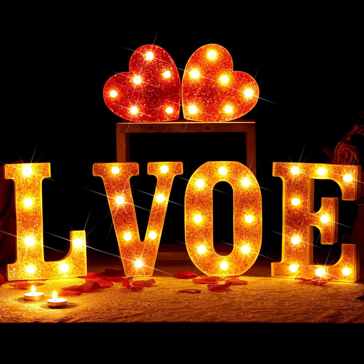 Baquler Valentine's Day Pink LOVE Lighted Marquee Signs Table Decor Wall Hanging for Romantic Night Battery Operated LED Light up Glitter Love Letters for Holiday Wedding Home Room Decoration