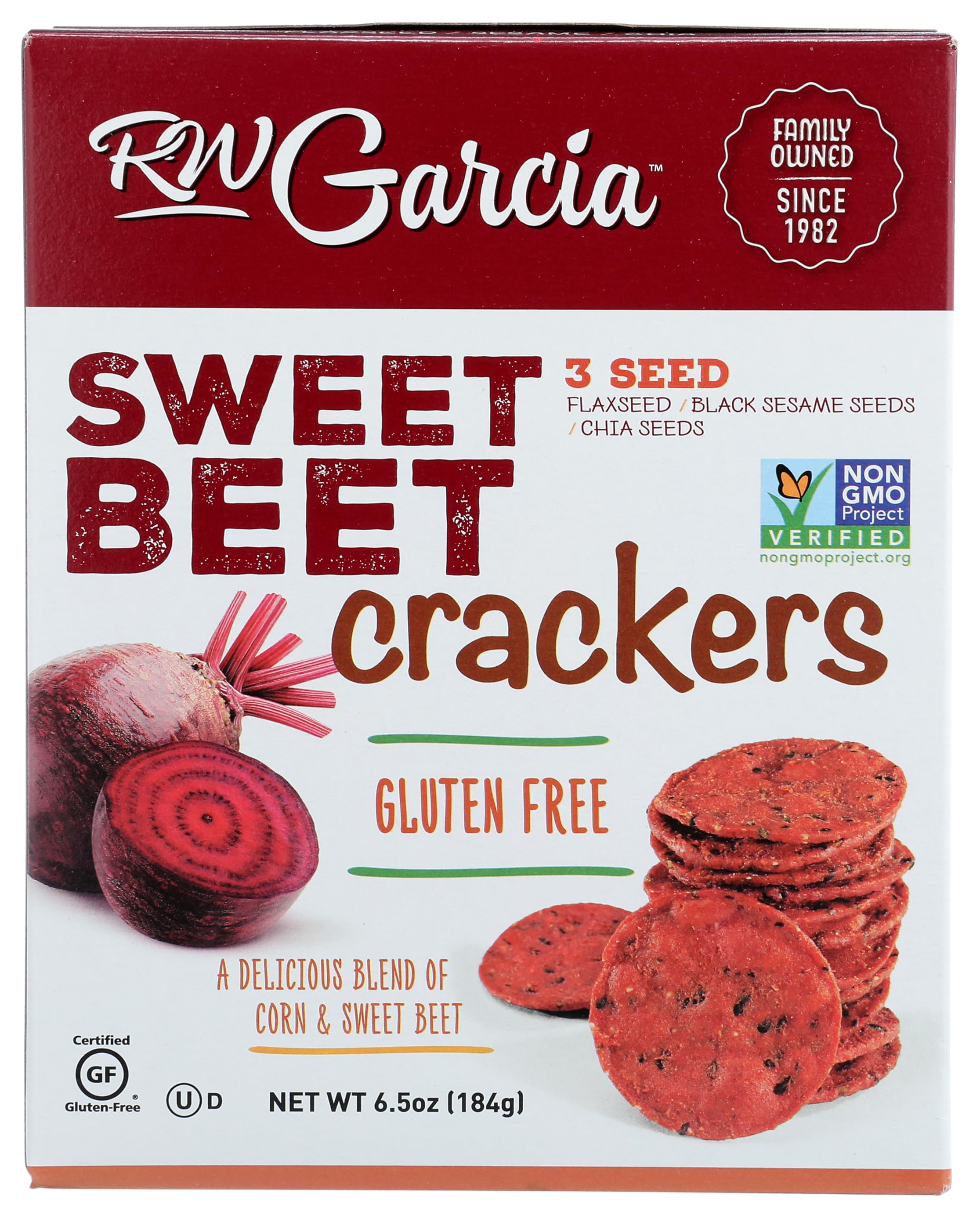 RW Garcia - Artisan Crackers (6.5 Oz) - Sweet Beet - Gluten Free - 3 Seed Blend (Flaxseed, Sesame, Chia) - Stone Ground Corn - Real Veggies - Non-GMO - No Additives or Preservatives