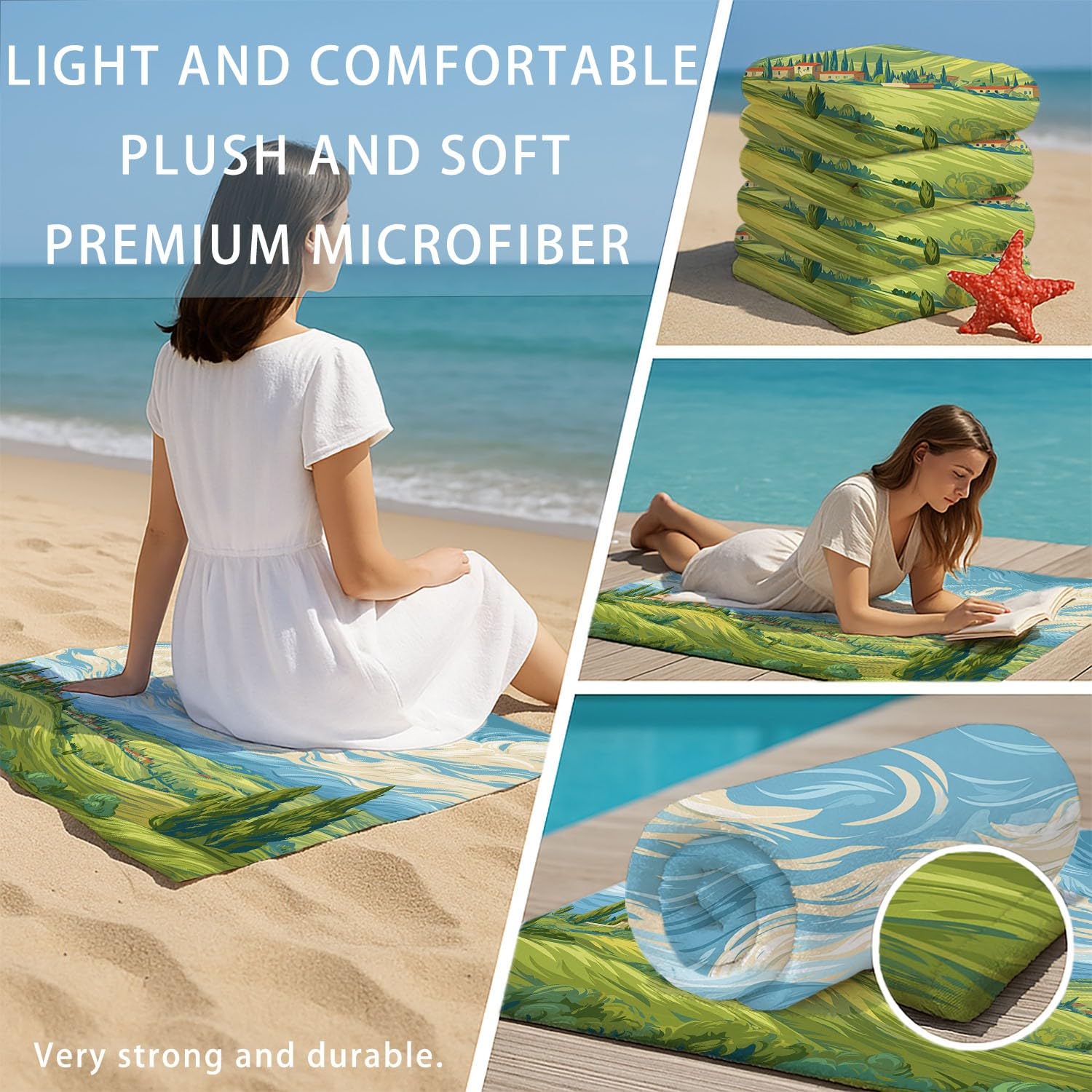 Générique Grande Serviette de Plage 210 x 135 CM,Drap de Plage Microfibre,Couverture de Plage Absorbante Rapide pour Paysage Collines, Cyprès, Ciel