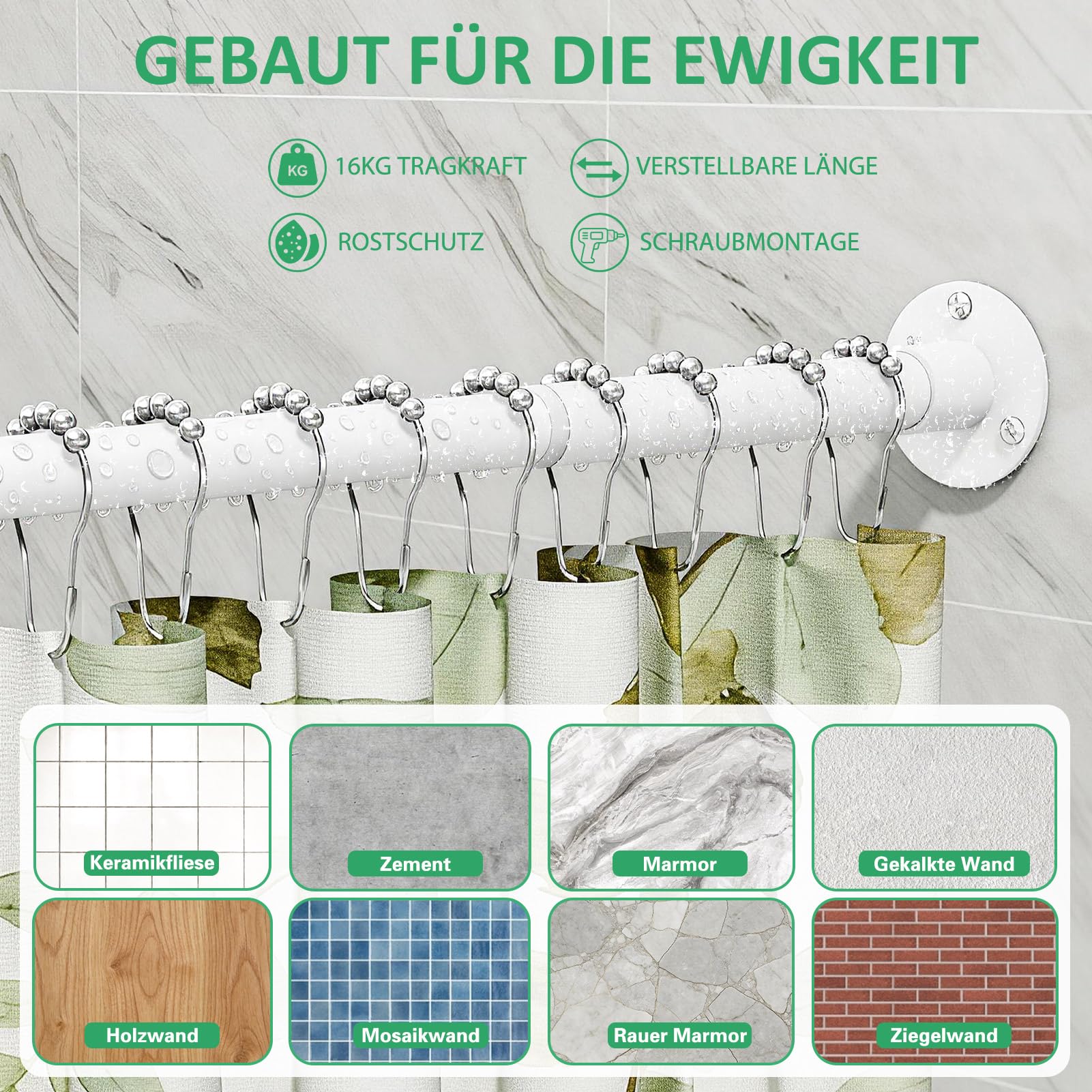 Duschvorhangstange L Form, (60-93cm) × (60-93cm) Verstellbare Weiß Duschstange L Form, Duschstange Ecke mit 12 Ringen & Deckenstütze für Badezimmer, Bohren Erforderlich