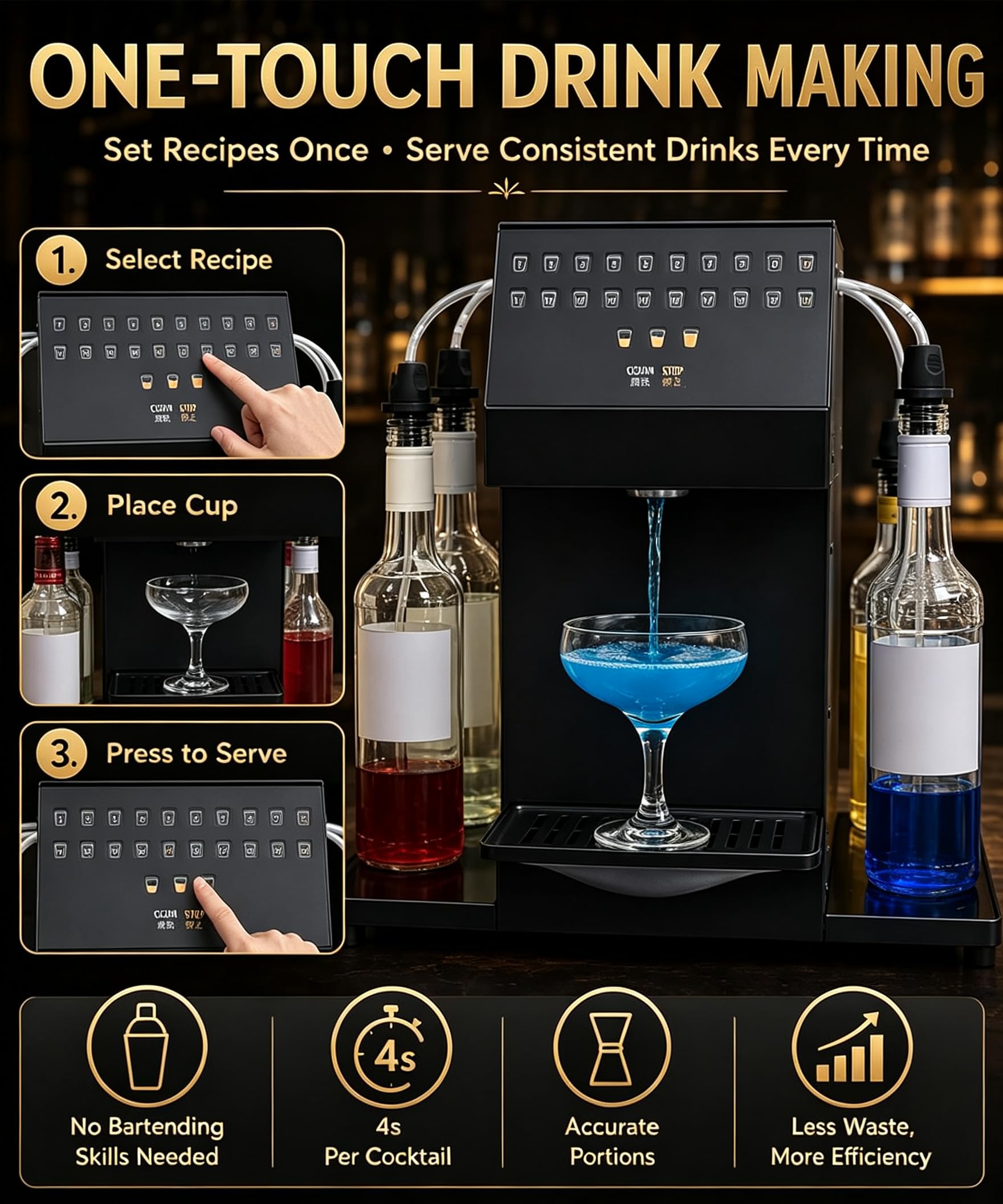 Máquina automática para Preparar cócteles, dispensador eléctrico de cócteles, máquina Inteligente para Preparar Bebidas, con 6 Estaciones para Botellas y 20 Recetas Personalizadas.