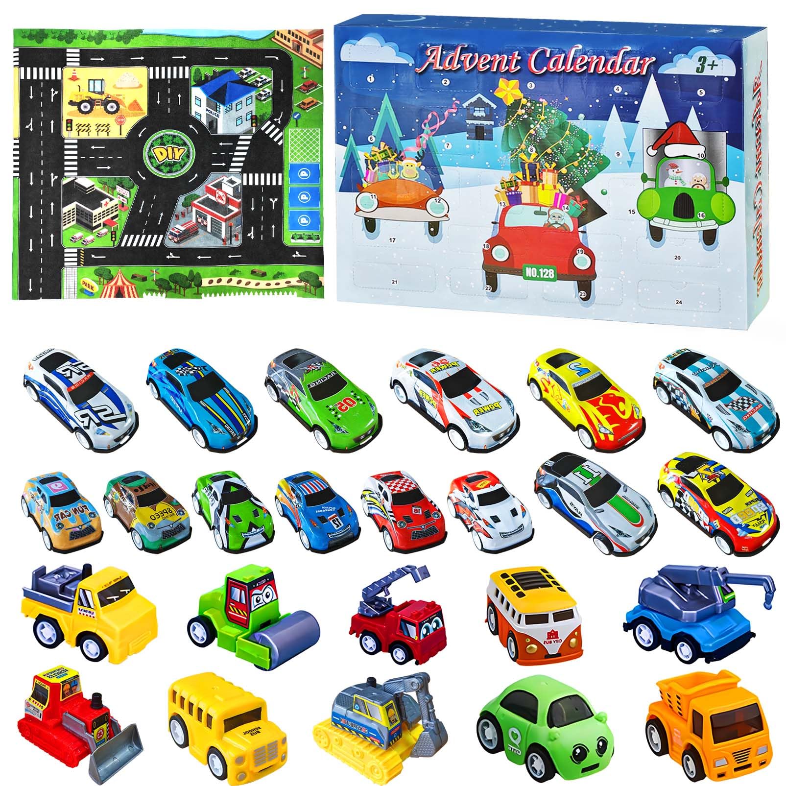 Calendario De Adviento 2025 – 24 Vehículos De Construcción Y Alfombra De Juego – Camión De Bomberos, Hormigonera, SUV – Juguetes Educativos STEM Para Niños De 1 A 6 Años