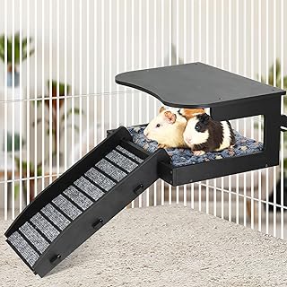 Guinea Pig Hideout, Wooden Small Animal House with Stair and Mat, Detachable Small Pet Hut Habitat for Guinea Pig Hamster Bunny Chinchillas, Hanging Guinea Pig Hideout for Guinea Pig Cage