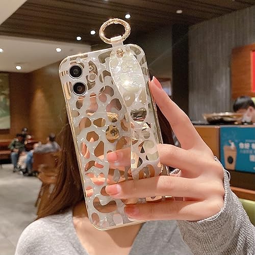 Miniatura 9 de AYABUCO Funda para iPhone 15 con correa de muñeca de leopardo chapado en oro y bucle para el dedo, correa de muñeca ajustable de TPU suave, soporte