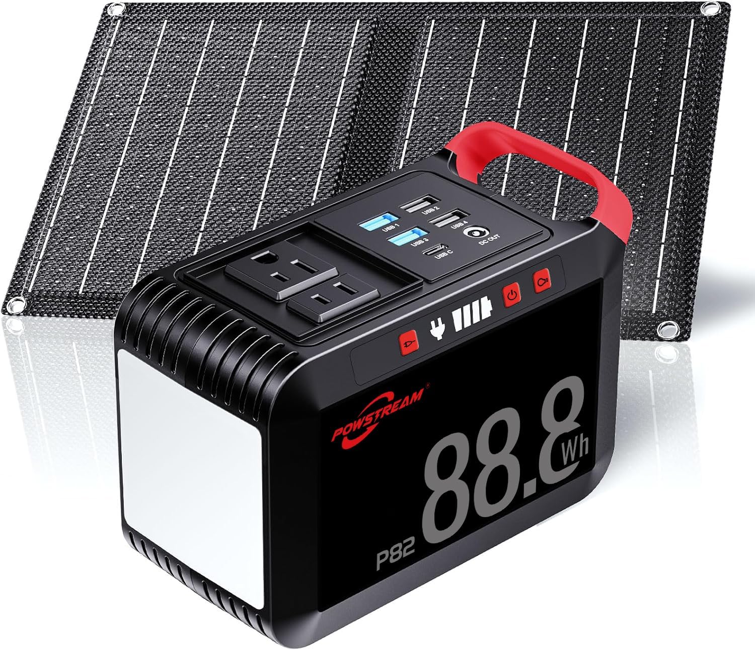 POWSTREAM 80W Solar Powered Generator with Panels 21W Included, 88.8Wh Lithium Battery Portable Power Station with AC Outlet 120W Peak Fast Charging 110V for Camping Outdoor Home Backup Backup RVs