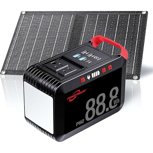 POWSTREAM 80W Solar Powered Generator with Panels 21W Included, 88.8Wh Lithium Battery Portable Power Station with AC Outlet 120W Peak Fast Charging 110V for Camping Outdoor Home Backup Backup RVs