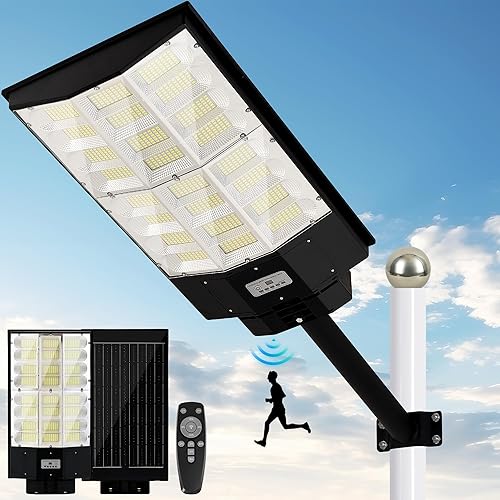 INSDEA Luz de calle solar de 8200 W con sensor de movimiento, luces de inundación solares de 8200 lm del anochecer al amanecer, luces de seguridad
