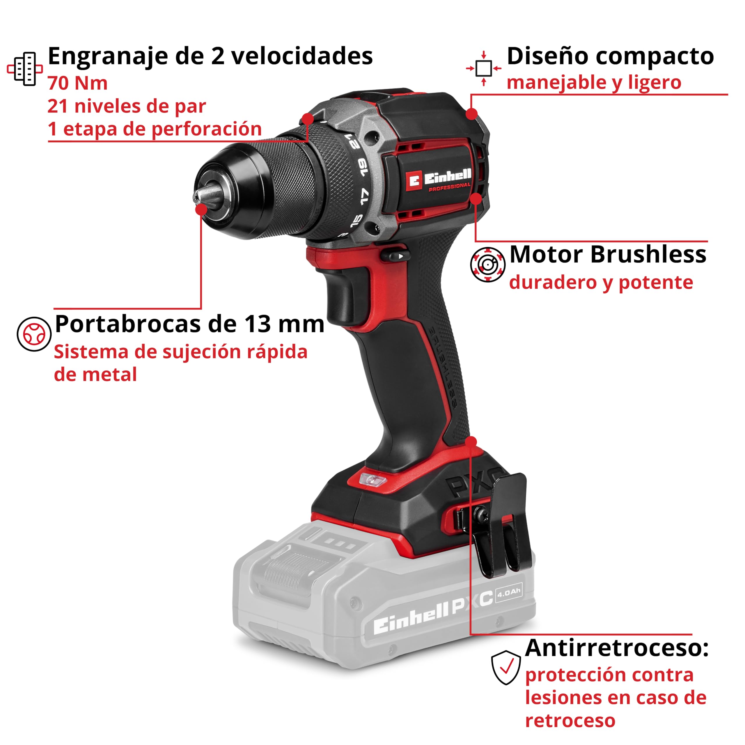 Einhell Professional taladro con batería TP-CD 18/70-C Li BL-Solo Power X-Change (18V, Brushless, 70 Nm, portabrocas de 13 mm, 2 marchas, antirretroceso, sin batería)