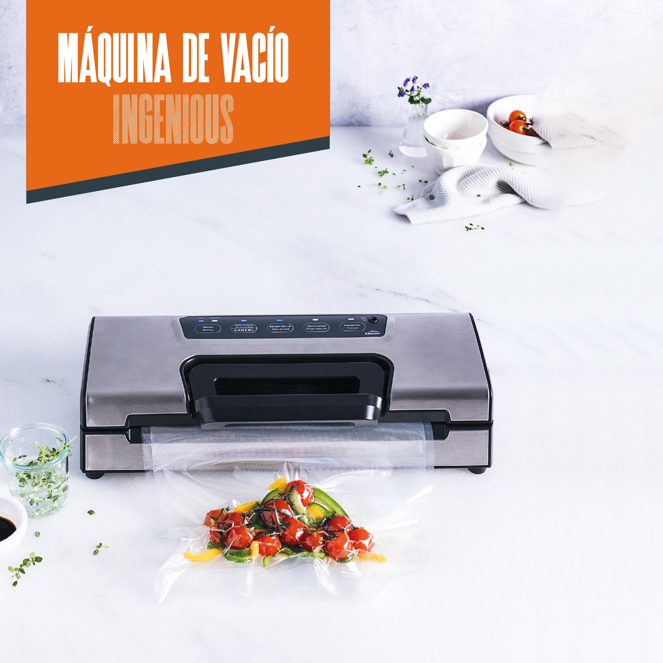Lacor 69358 - Máquina de Vacío Ingenious, 120 W, 40x17, 5 cm, Incluye | Para un uso práctico y profesional en cocina; perfecto para el día a día en hostelería y en casa, cómodo de usar y de guardar