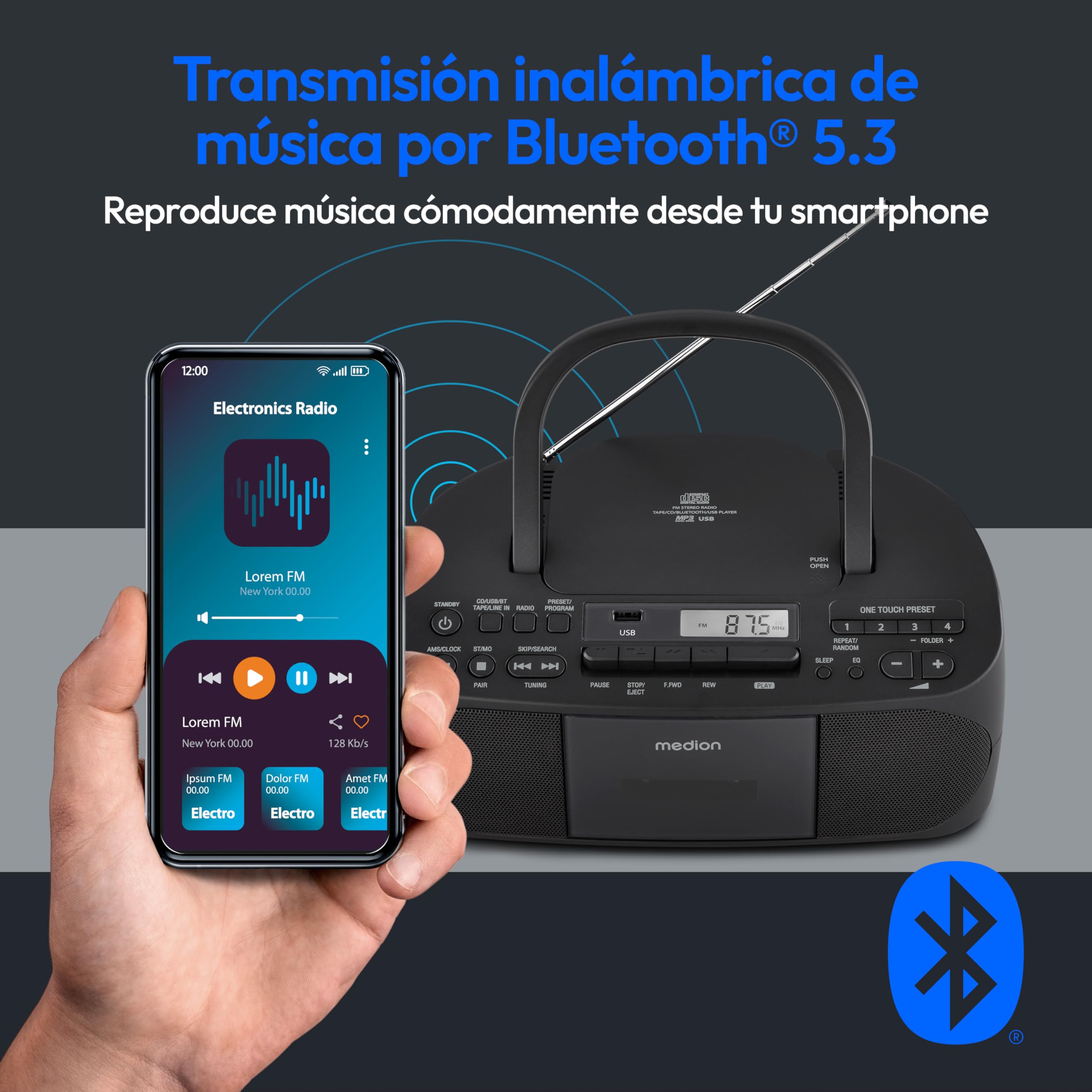 MEDION E65010 Radio estéreo (Reproductor de CD, Casete, conexión USB, Entrada de Audio AUX, reproducción de MP3, Radio FM PLL, Memoria de 40 emisoras, Funcionamiento con Pilas