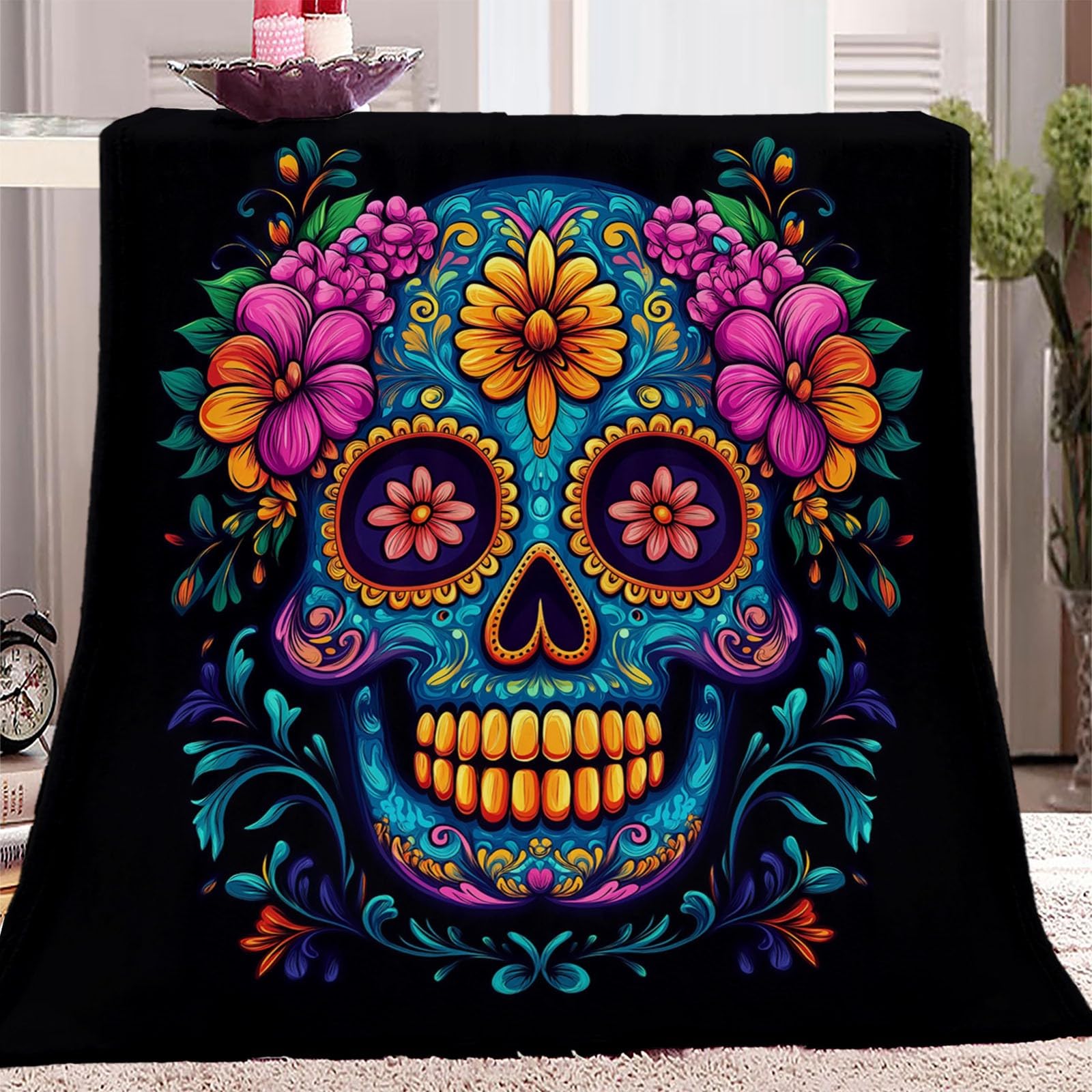 Manta Franela para Cama Manta para Sofá Suaves 100% Microfibra Grande Vistoso Flannel Blanket Abstracto Flores Calavera Manta Invierno Calentitas 220 x 240 cm