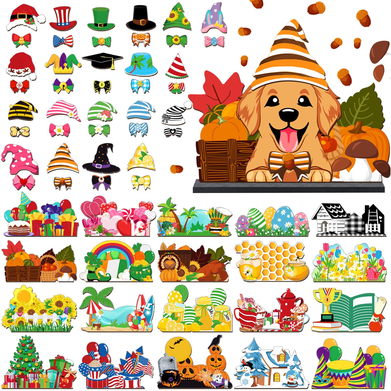 61 Pcs Interchangeable Dog Seasonal Sign Cute Golden Retriever Decor Replaceable Holiday Front Door Wall Decpr Set Seasonal Farmhouse Rustic Summer Independence Day Office Decorations